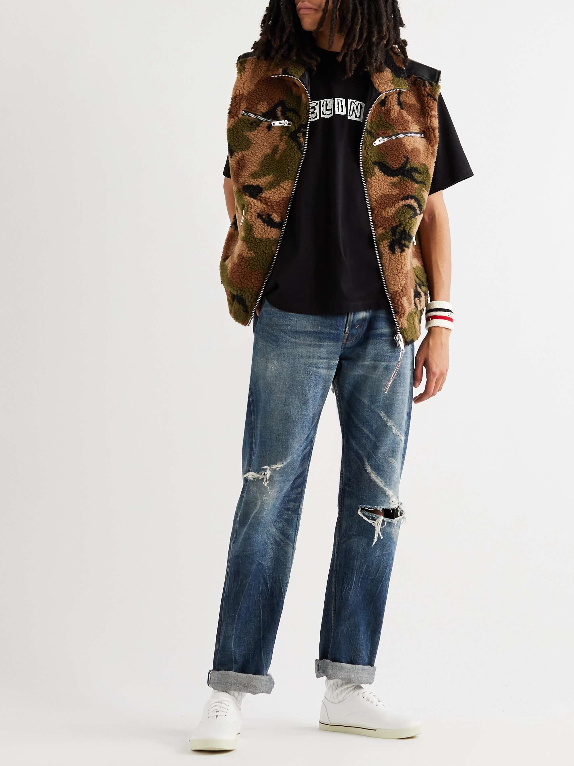CELINE HOMME Oversized Multi-Zippered Leather-Trimmed Camouflage Fleece Gilet