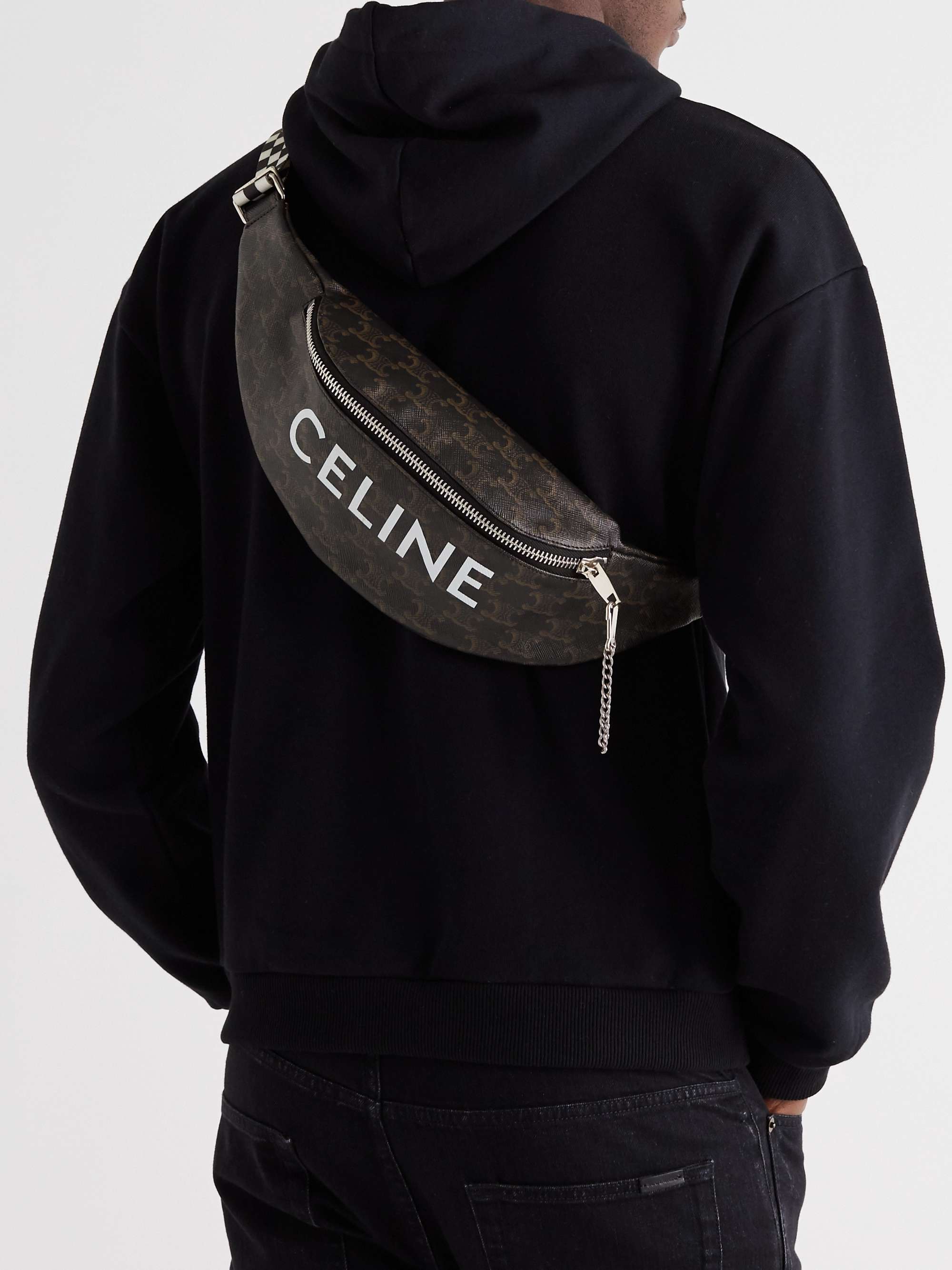 CELINE HOMME Small Triomphe Leather-trimmed Logo-print Coated