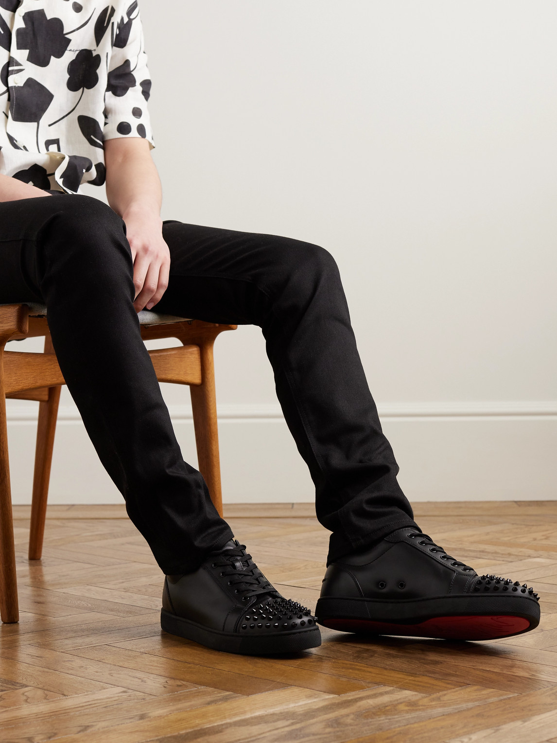 Christian Louboutin Louis Junior Spikes Cap-toe Leather Sneakers In Black