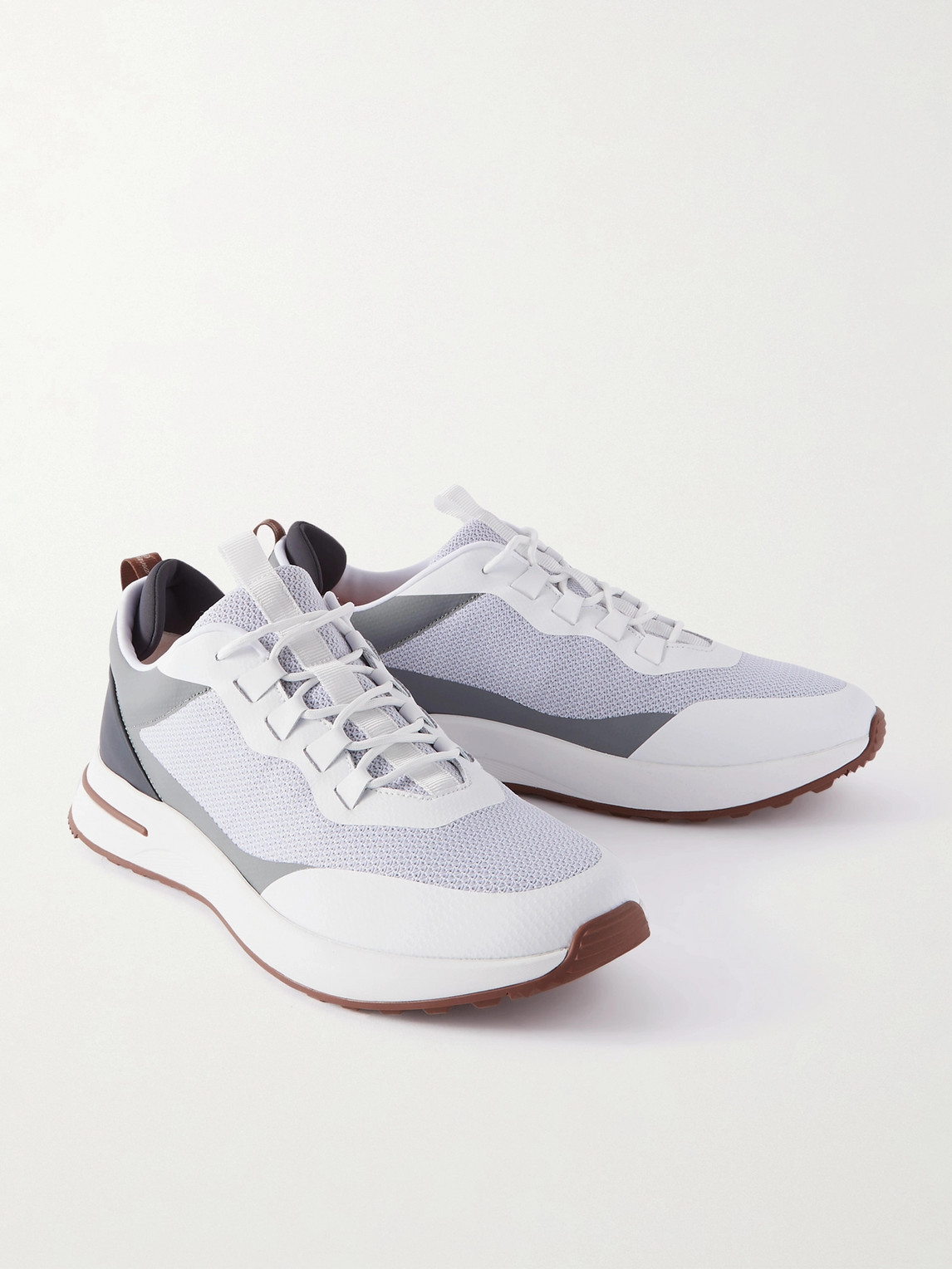 Shop Loro Piana Weekend Walk Leather-trimmed Mesh Sneakers In Gray