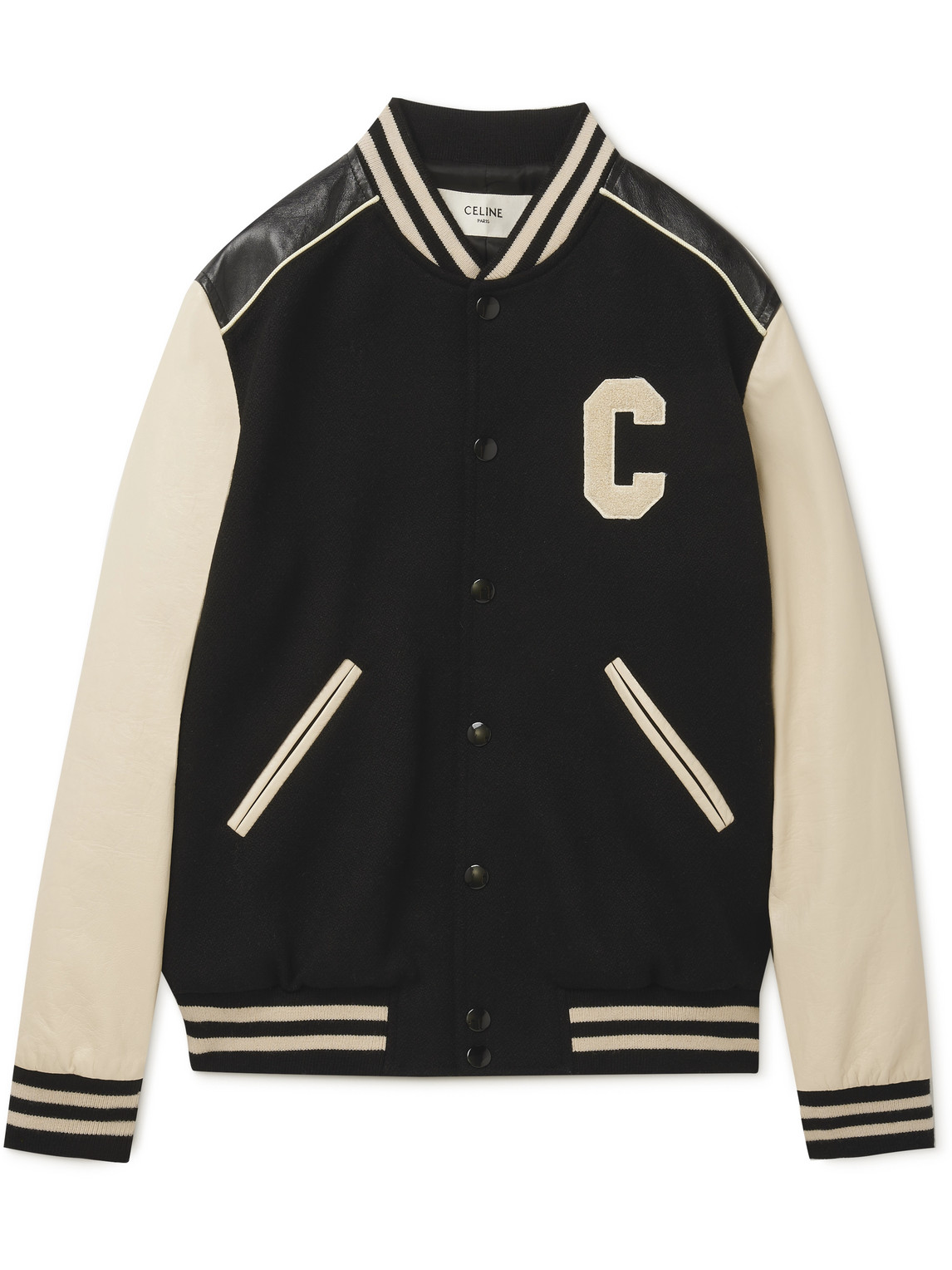 CELINE - Appliquéd Wool-Blend and Leather Varsity Jacket - Curated