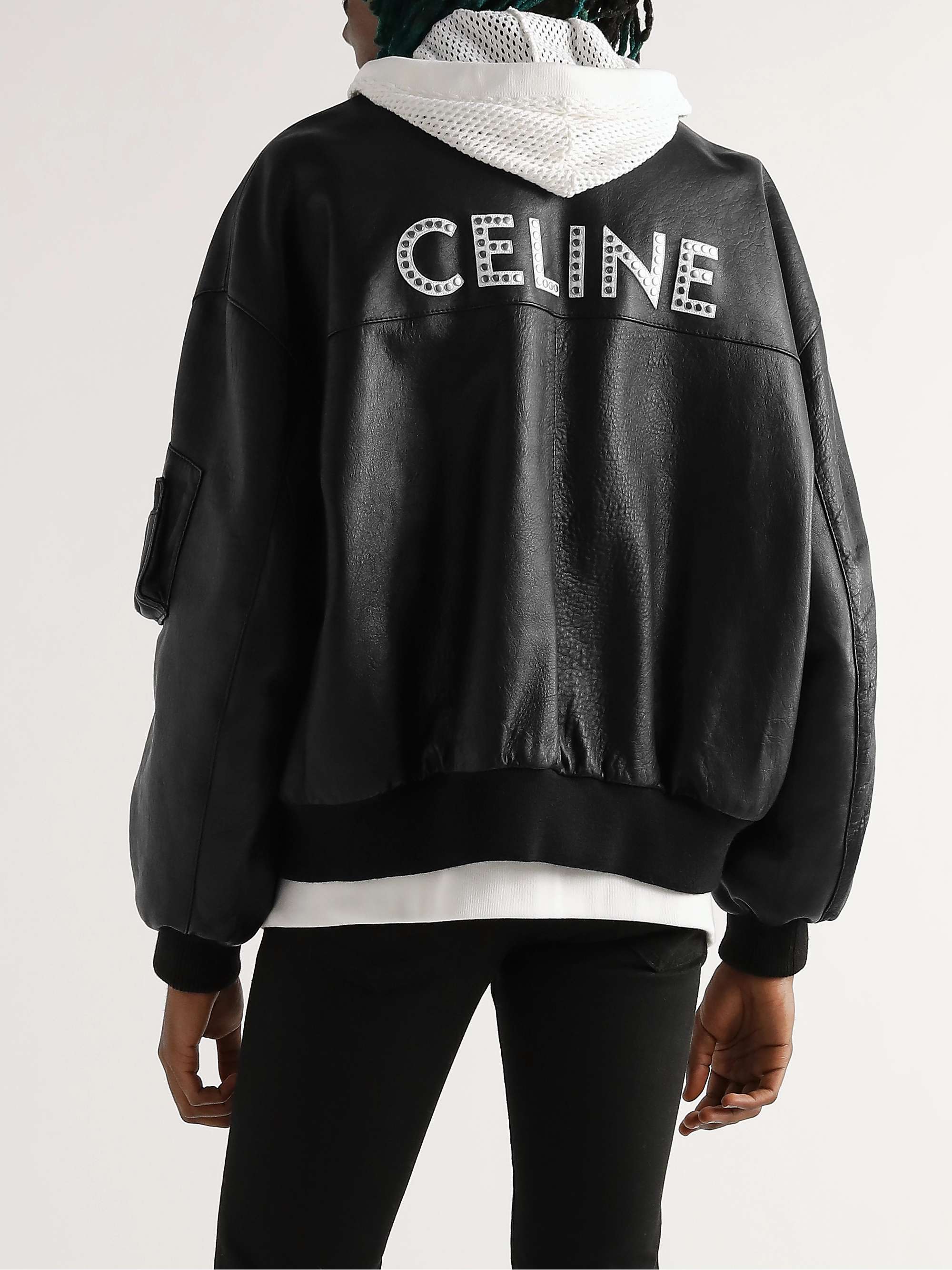 CELINE HOMME Studded Logo-Print Leather Bomber Jacket