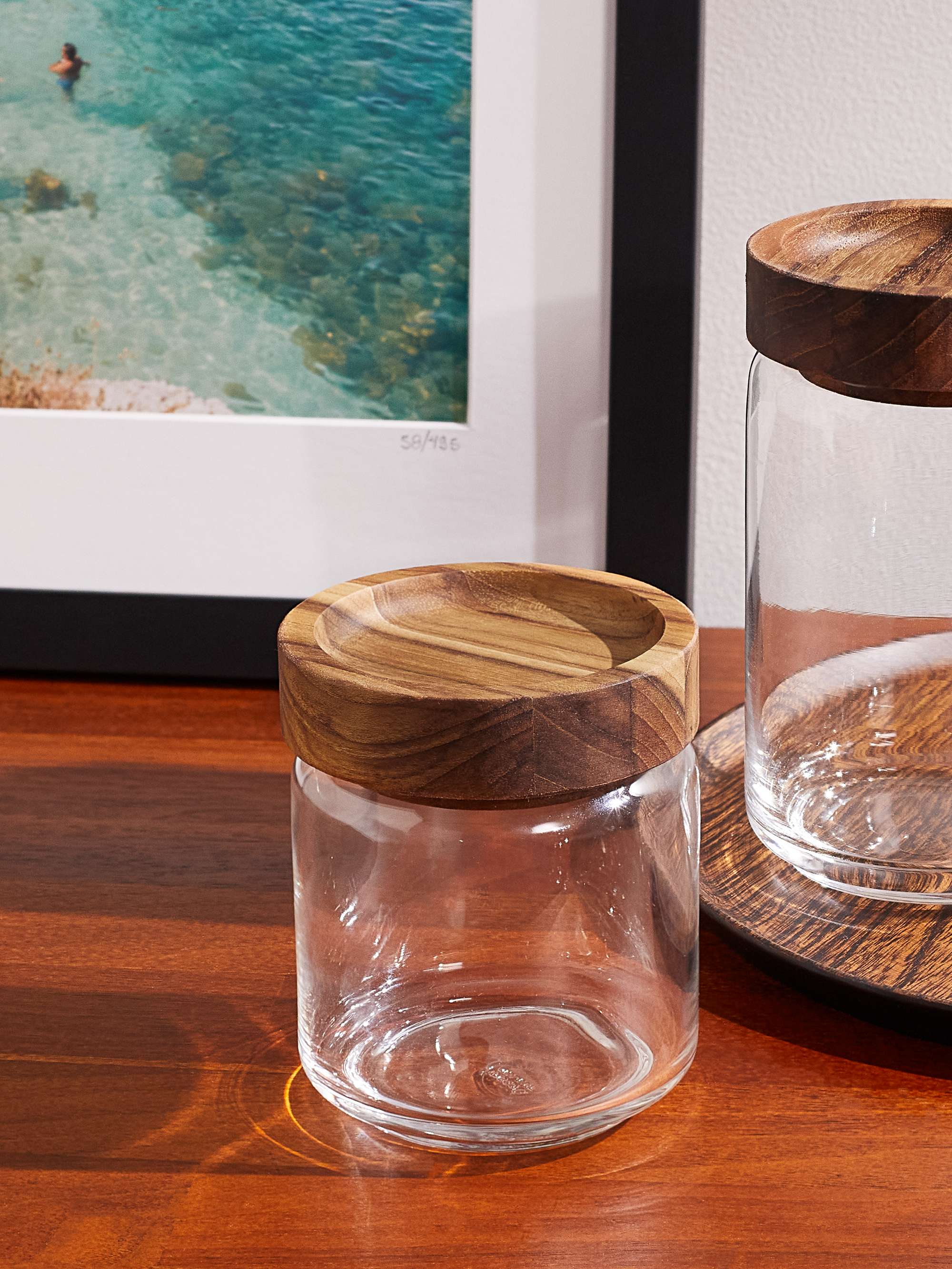THE CONRAN SHOP Large Teak Wood and Glass Storage Stacking Jar
