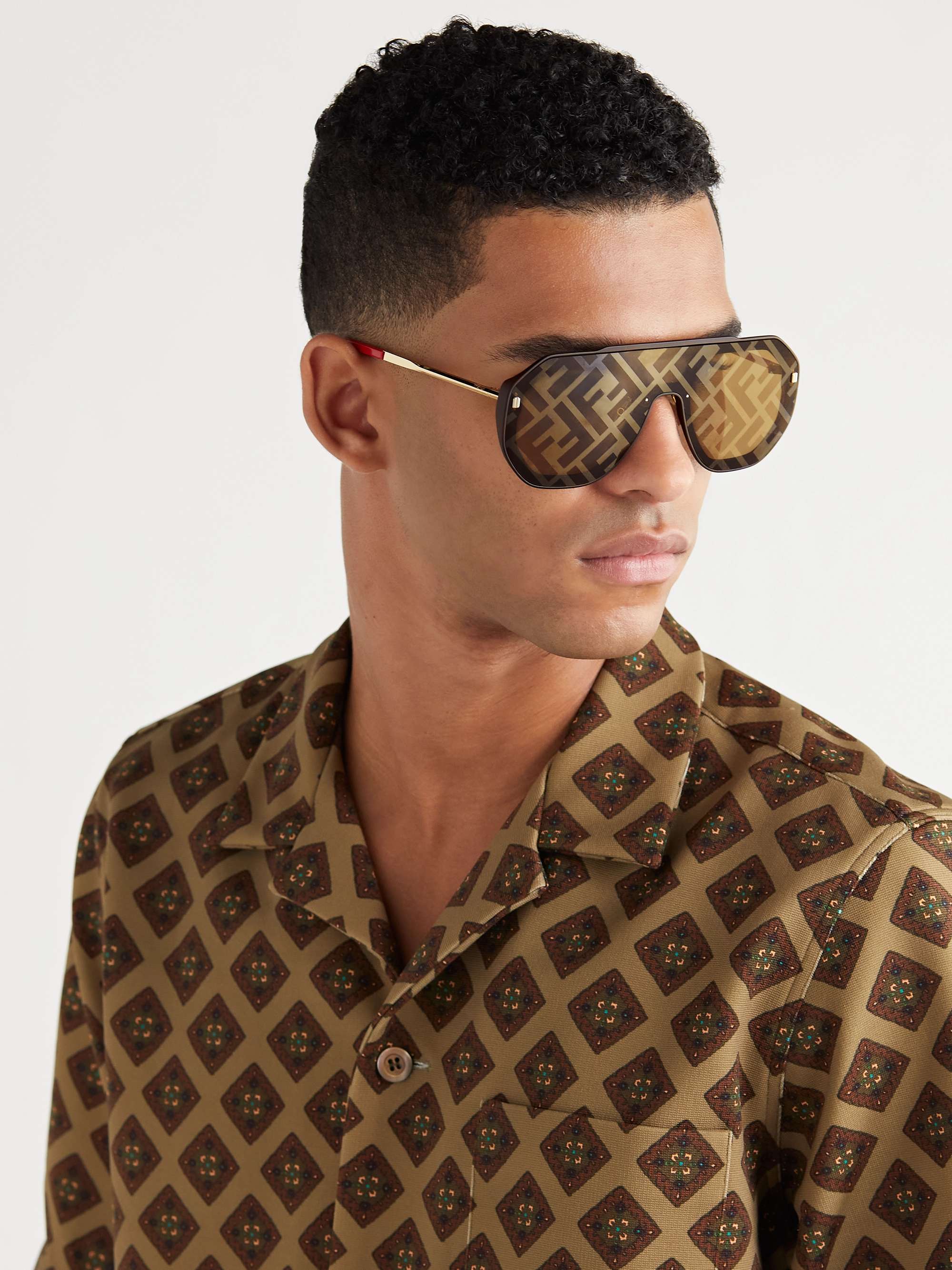 FENDI Aviator-Style Logo-Print Gold-Tone and Acetate Sunglasses