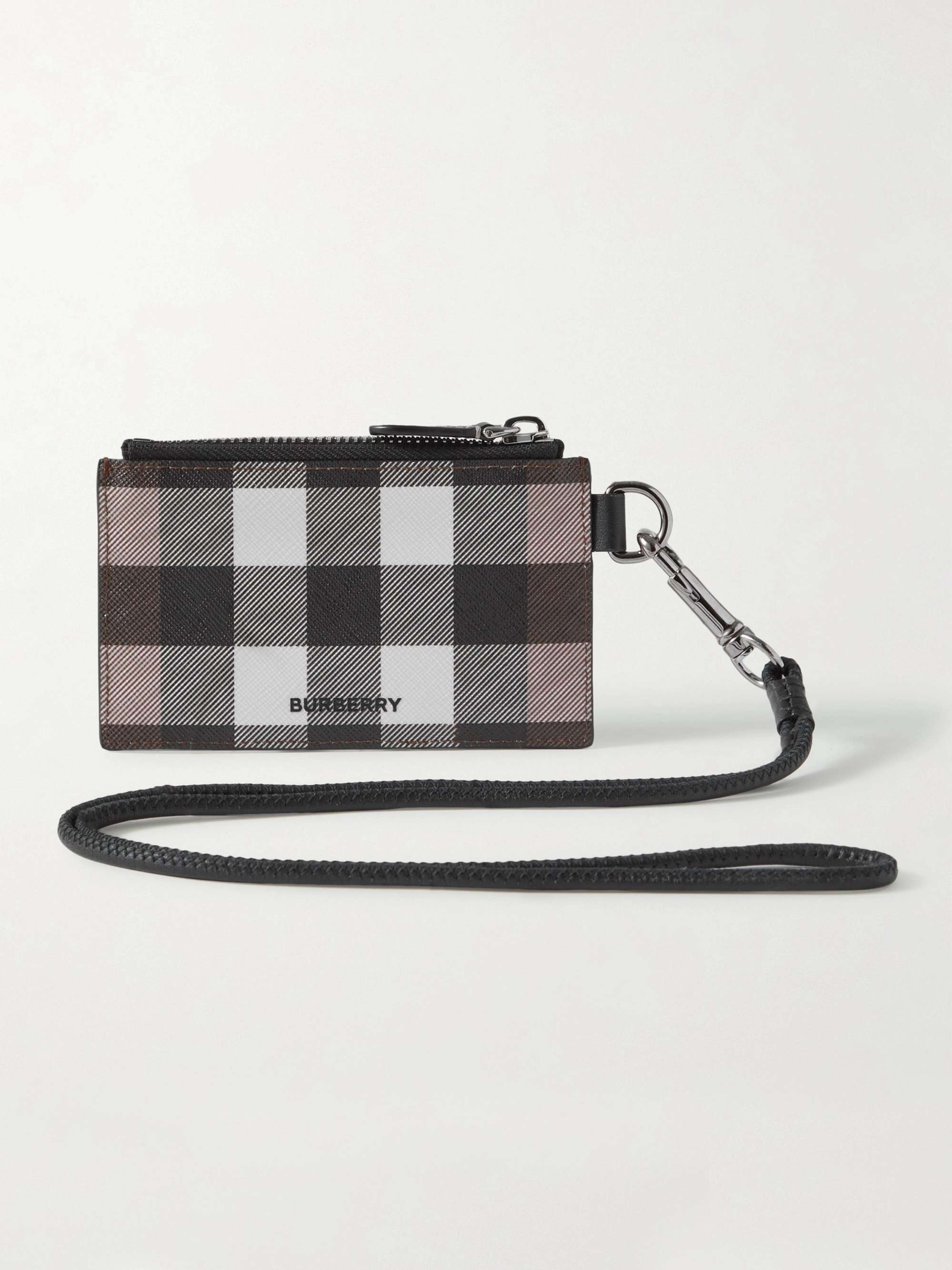 BURBERRY Leather-Trimmed Checked E-Canvas Cardholder with Lanyard