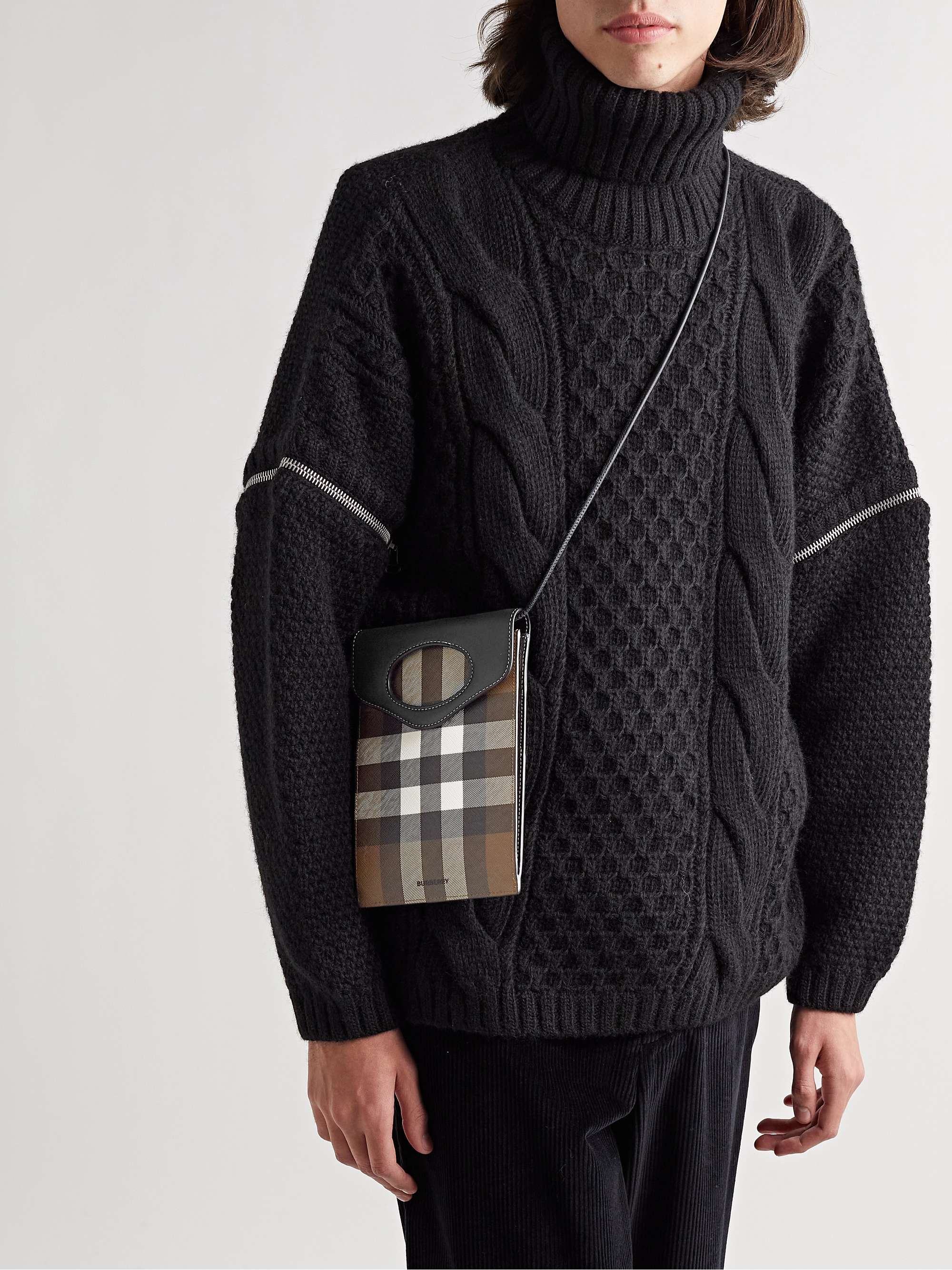 BURBERRY Checked E-Canvas and Leather Pouch with Lanyard