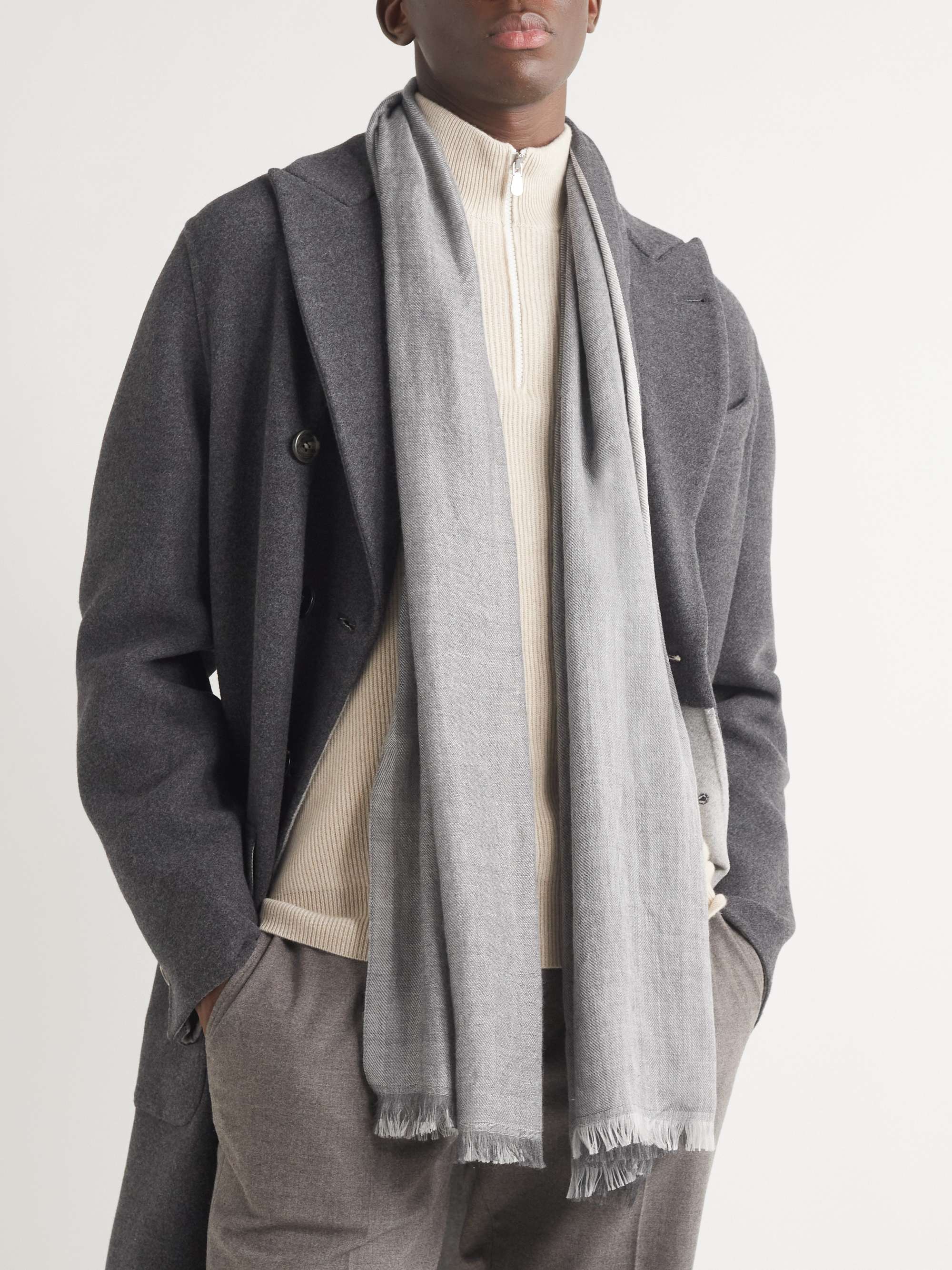 BRUNELLO CUCINELLI Fringed Striped Cashmere and Silk-Blend Scarf