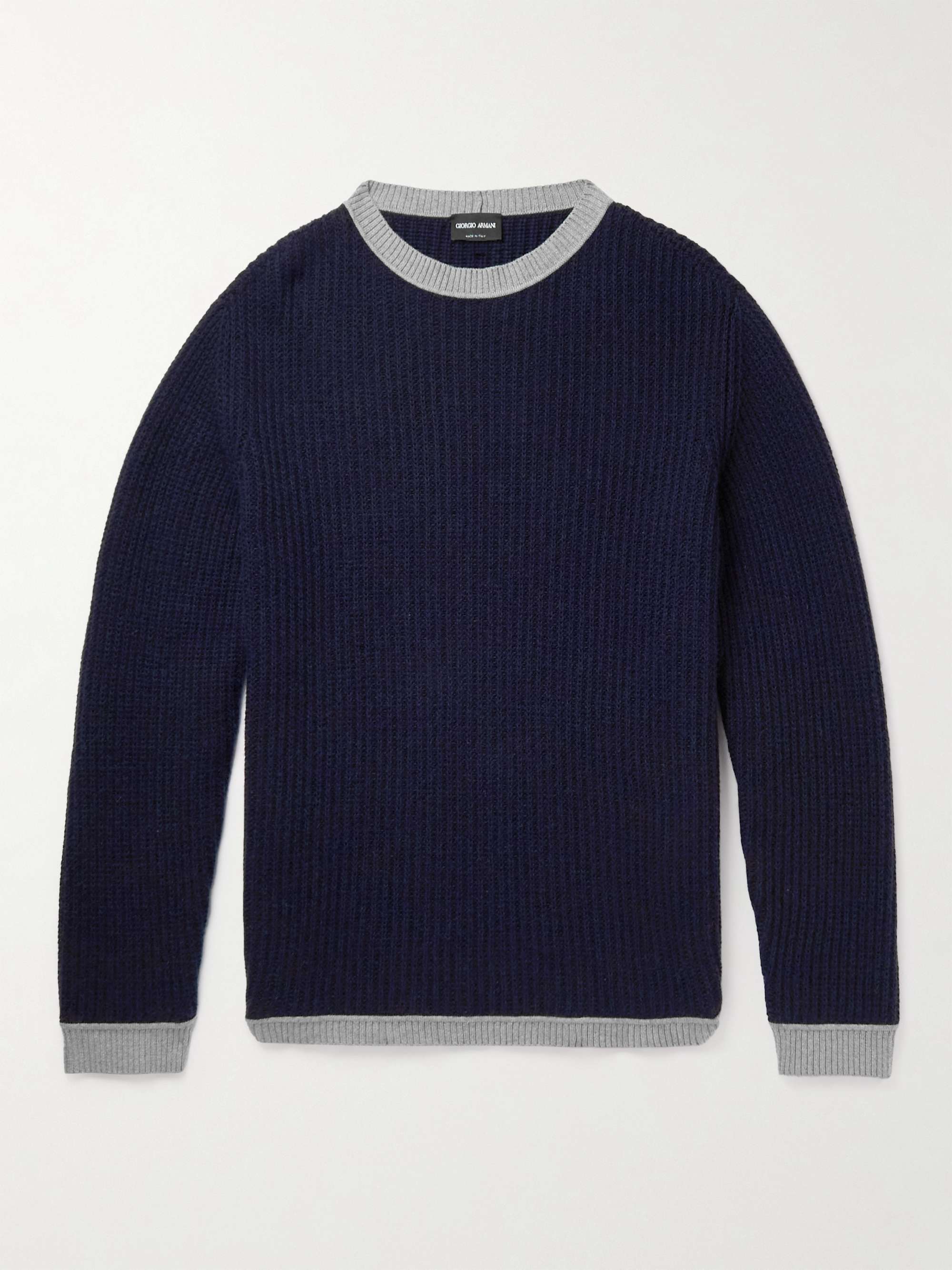 GIORGIO ARMANI Two Tone Ribbed Cashmere and Cotton Blend Sweater