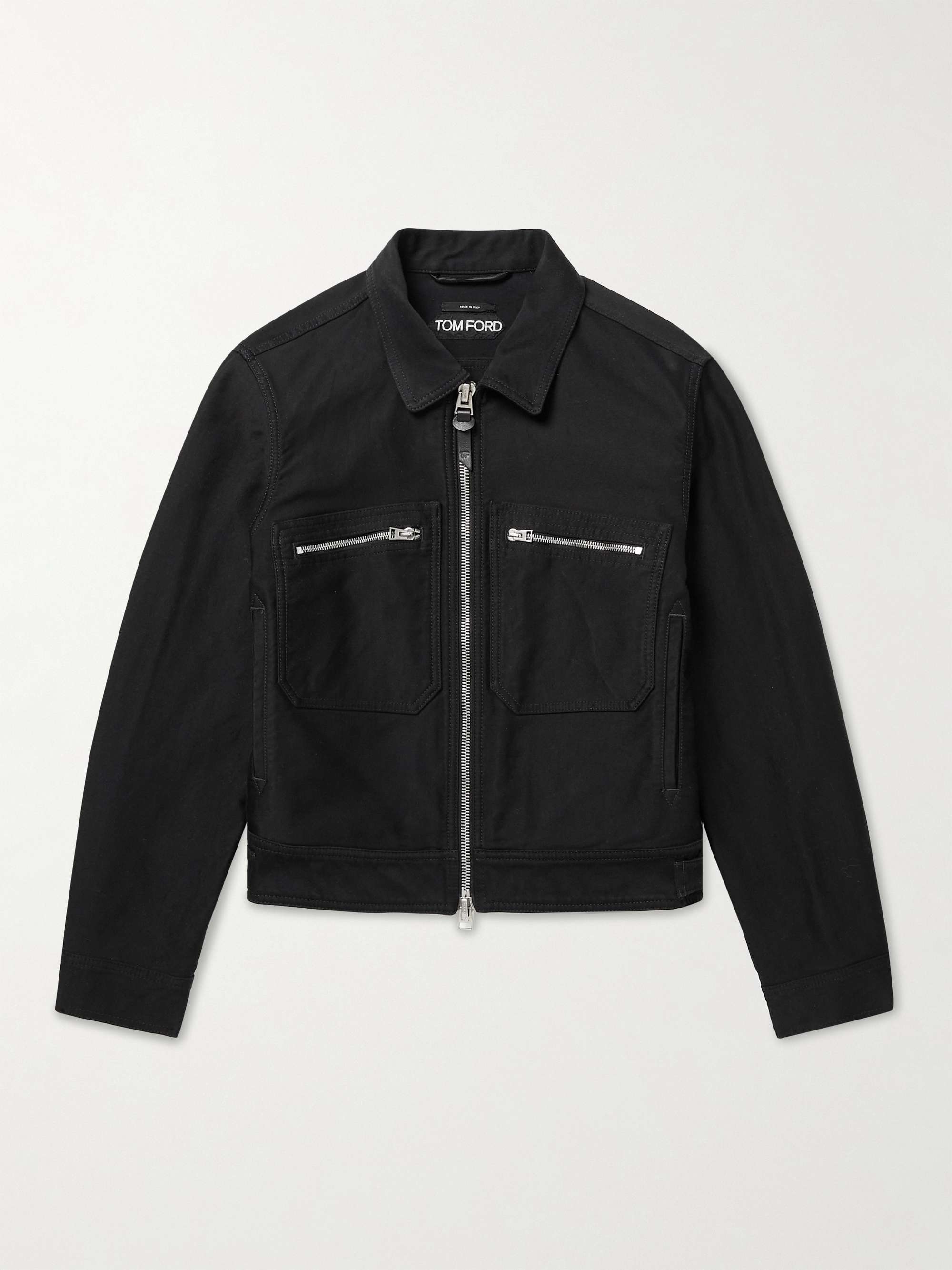 Leather-Trimmed Cotton-Twill Jacket