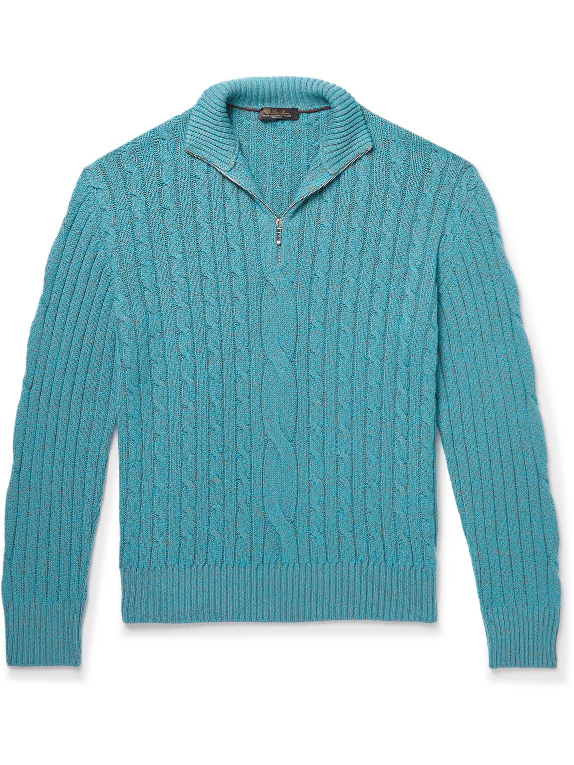 Loro Piana Cable-knit Baby Cashmere And Linen-blend Half-zip Jumper In Blue