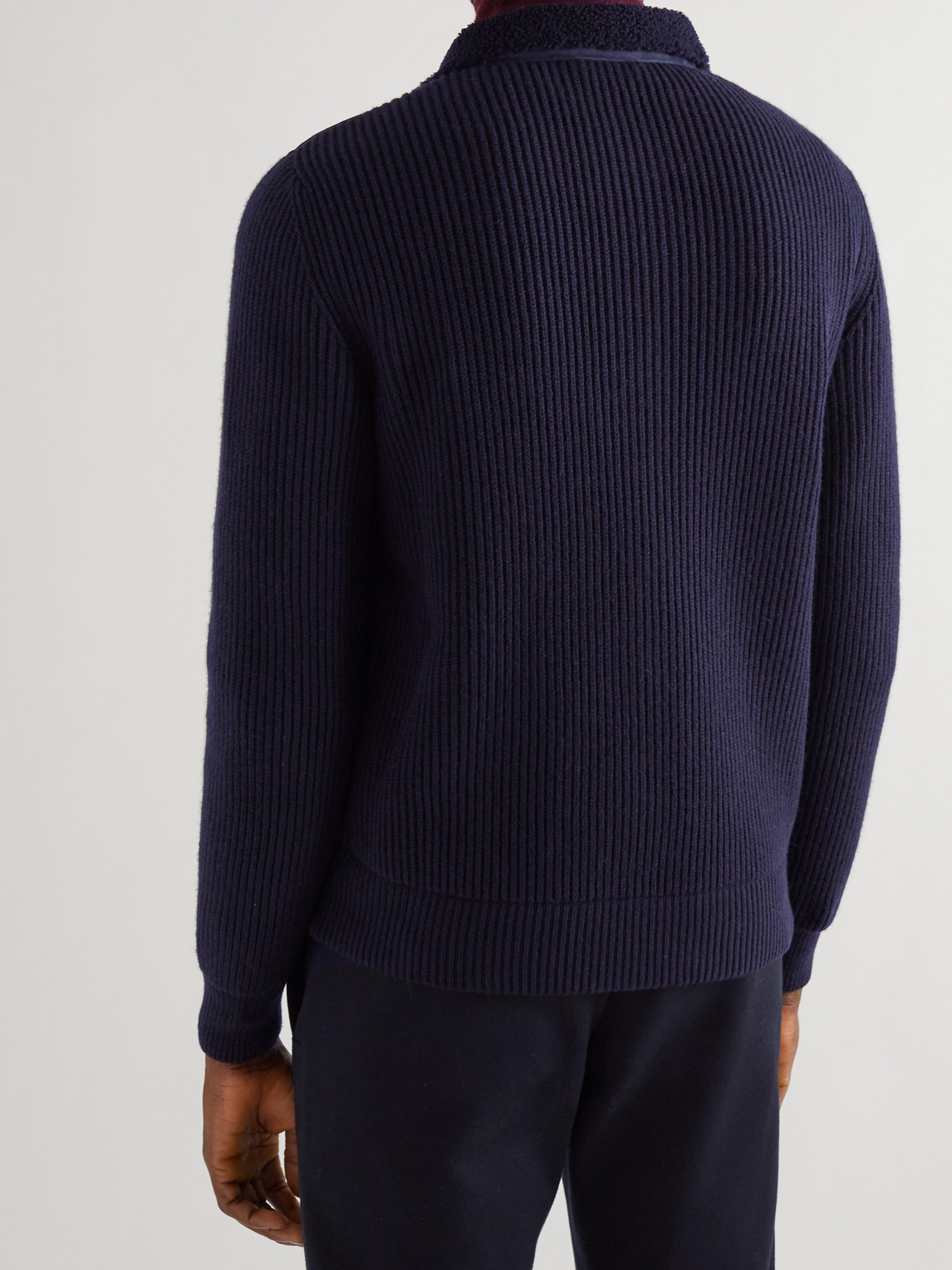 Shop Loro Piana Shearling-panelled Ribbed Cashmere Bomber Jacket In Blue