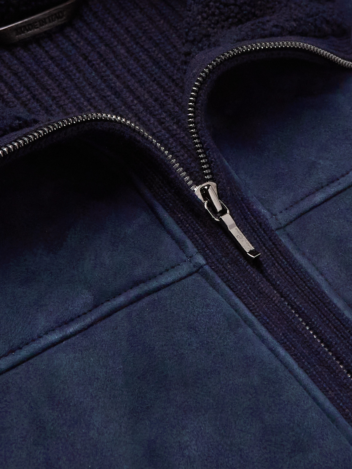 Shop Loro Piana Shearling-panelled Ribbed Cashmere Bomber Jacket In Blue
