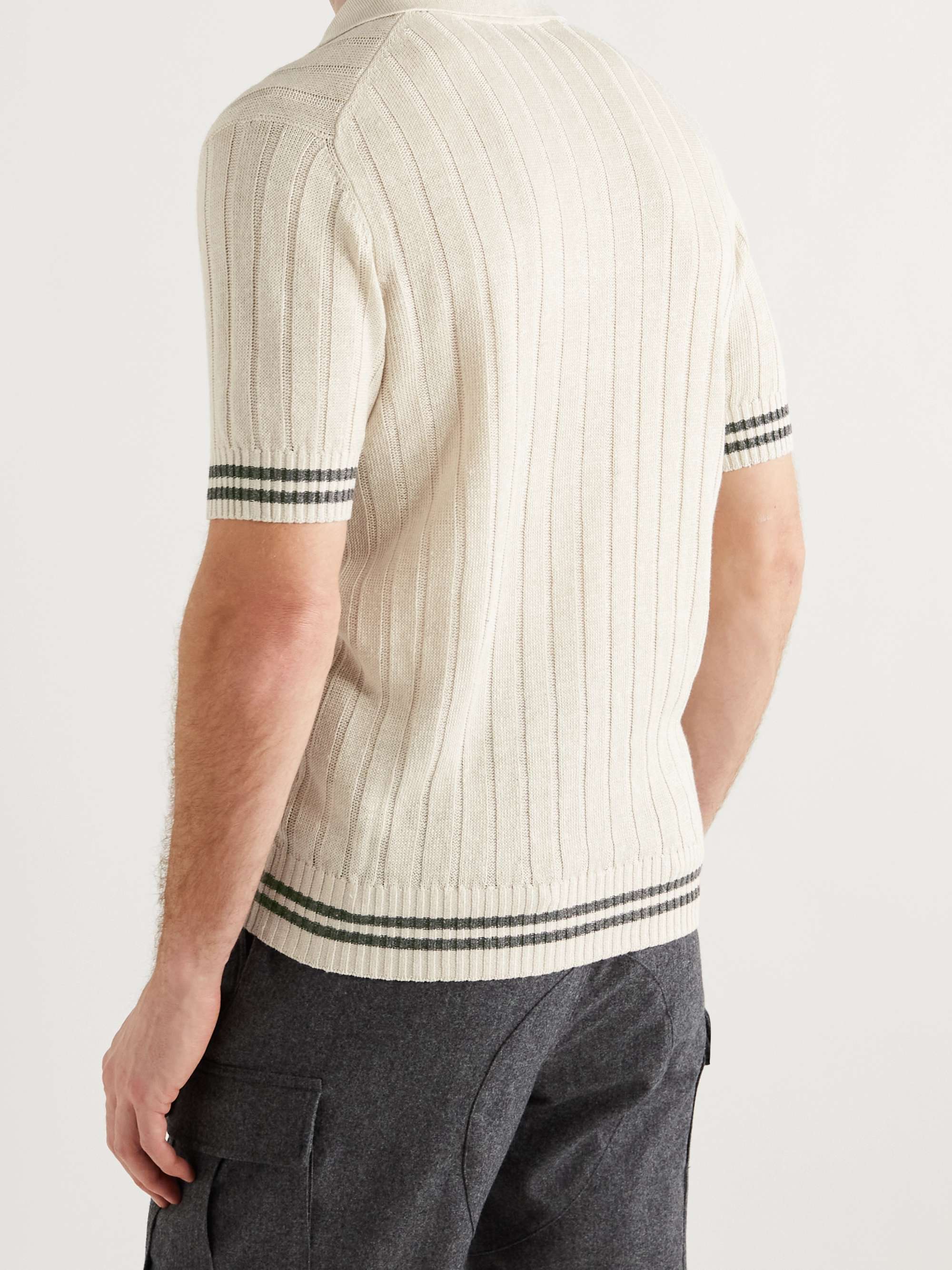 BRUNELLO CUCINELLI Striped Ribbed Cotton and Linen-Blend Polo Shirt