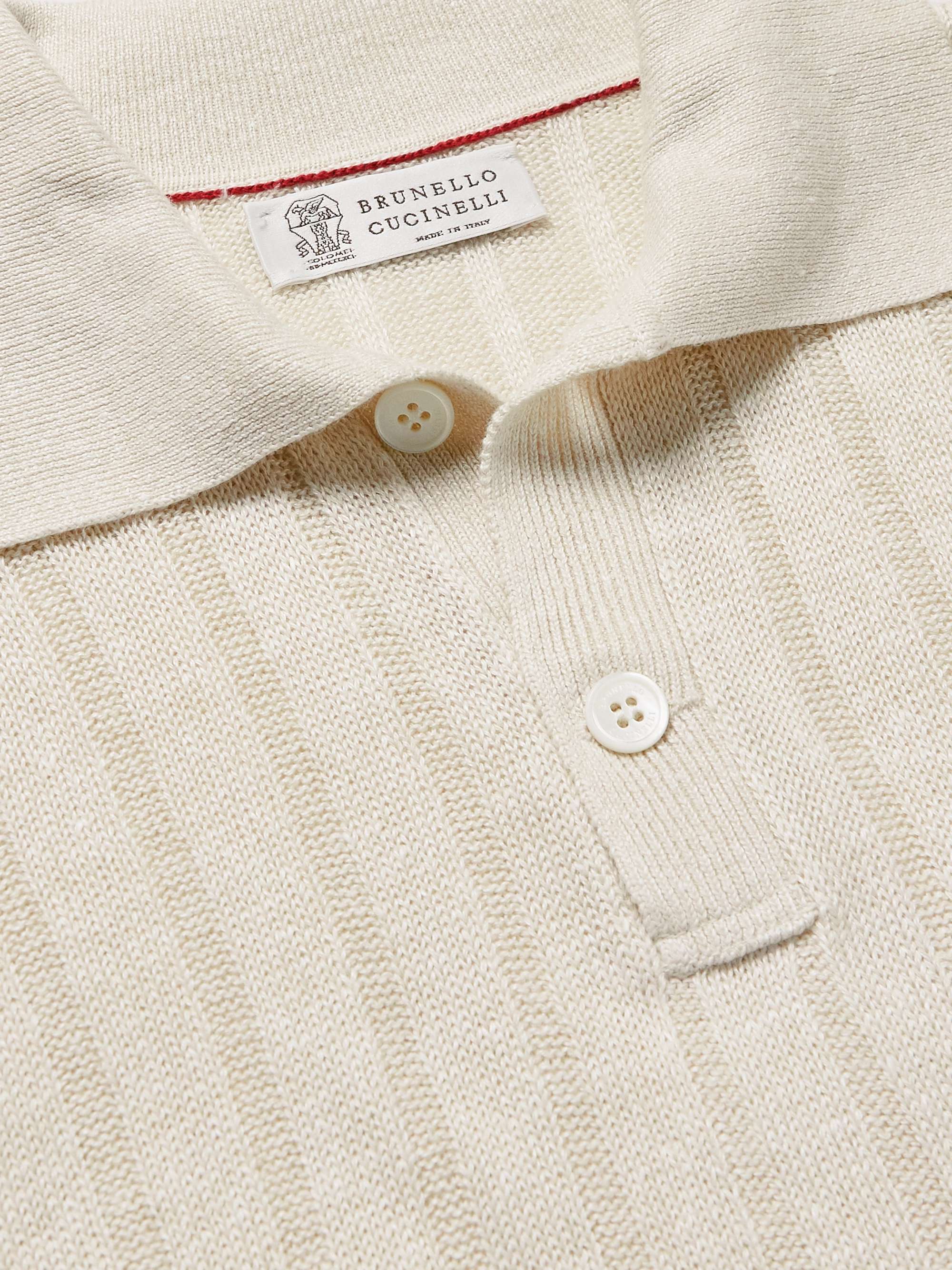 BRUNELLO CUCINELLI Striped Ribbed Cotton and Linen-Blend Polo Shirt