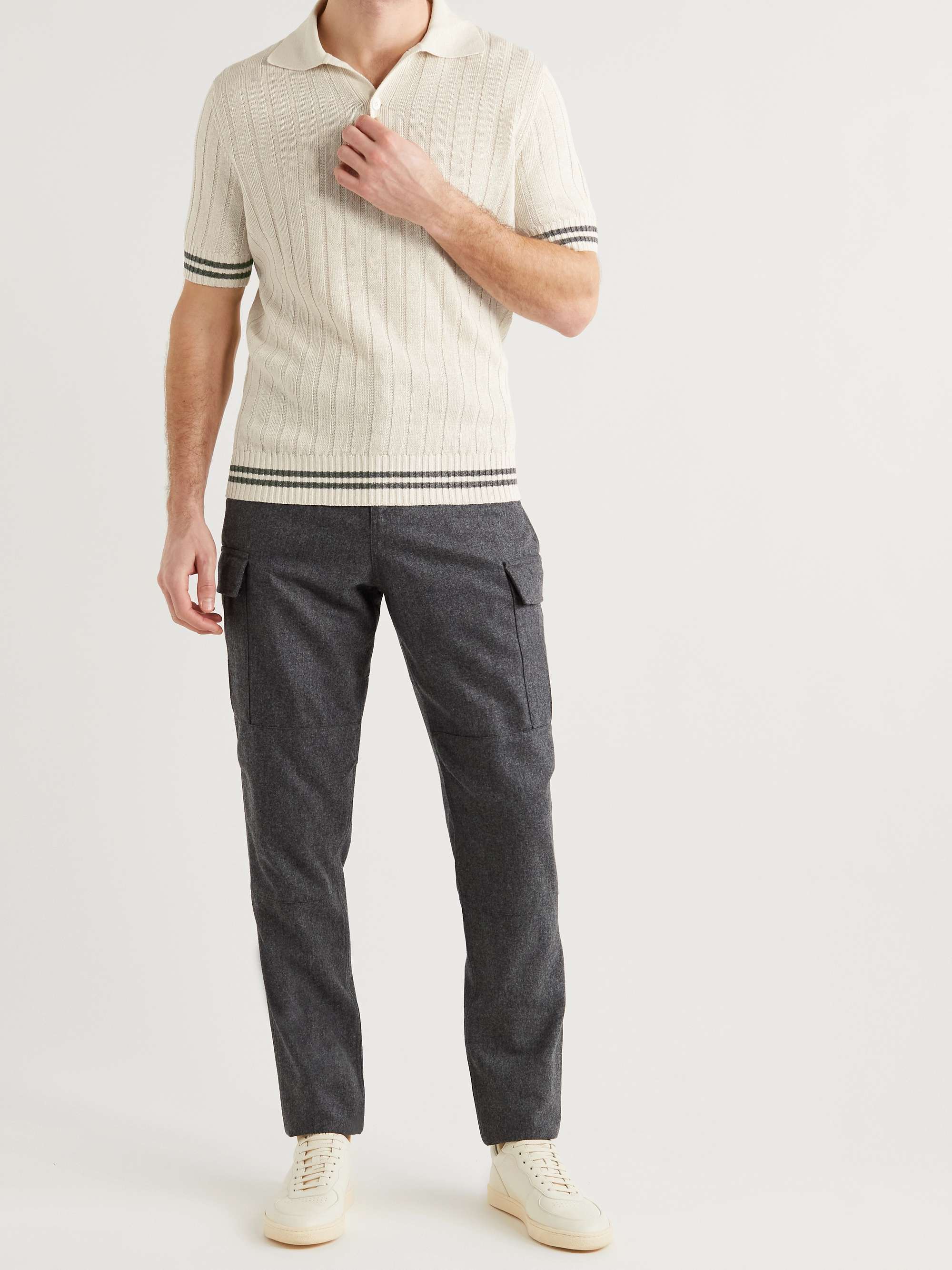 BRUNELLO CUCINELLI Striped Ribbed Cotton and Linen-Blend Polo Shirt