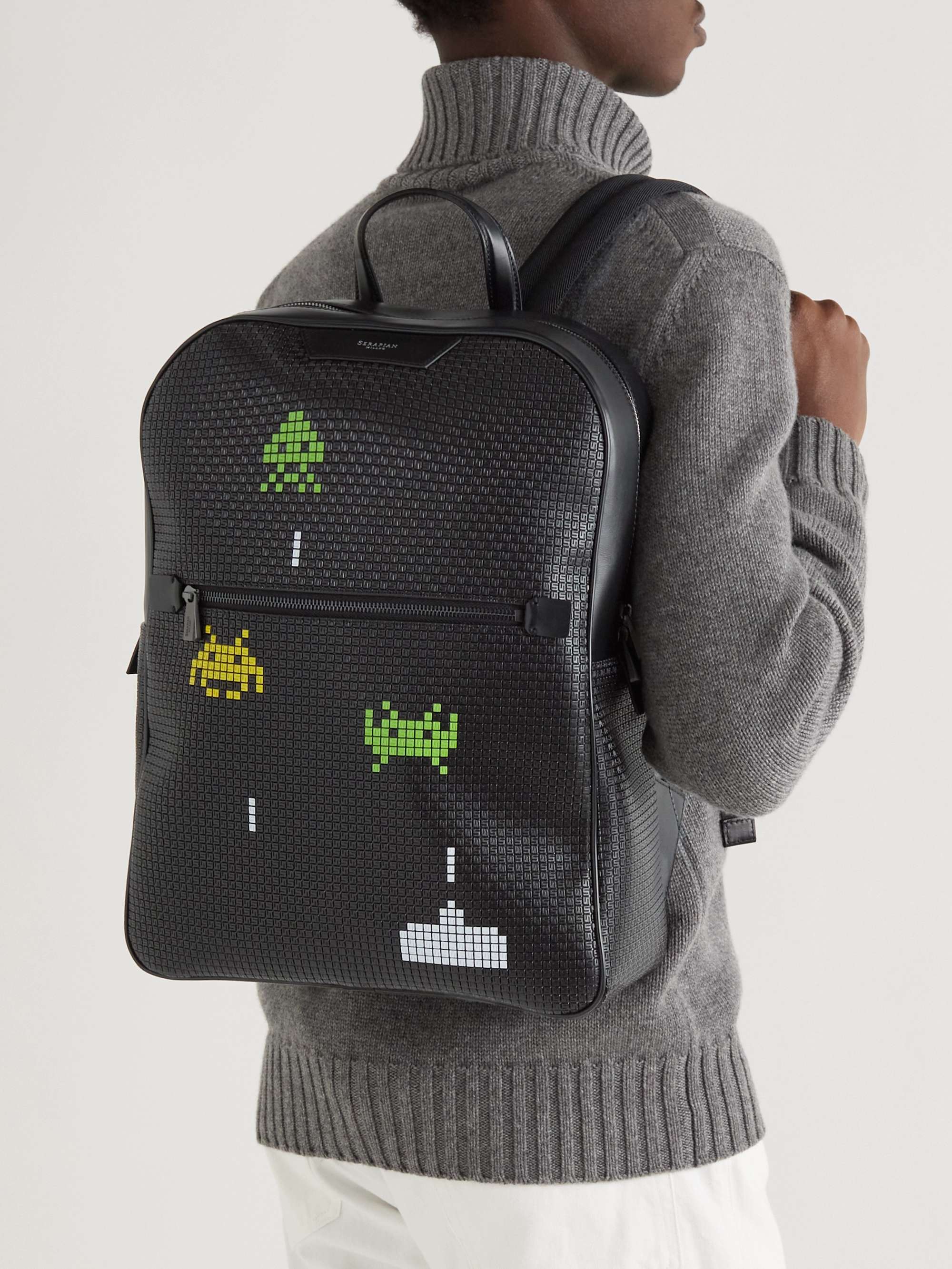 SERAPIAN + Space Invaders Leather-Trimmed Printed Stepan Coated-Canvas Backpack