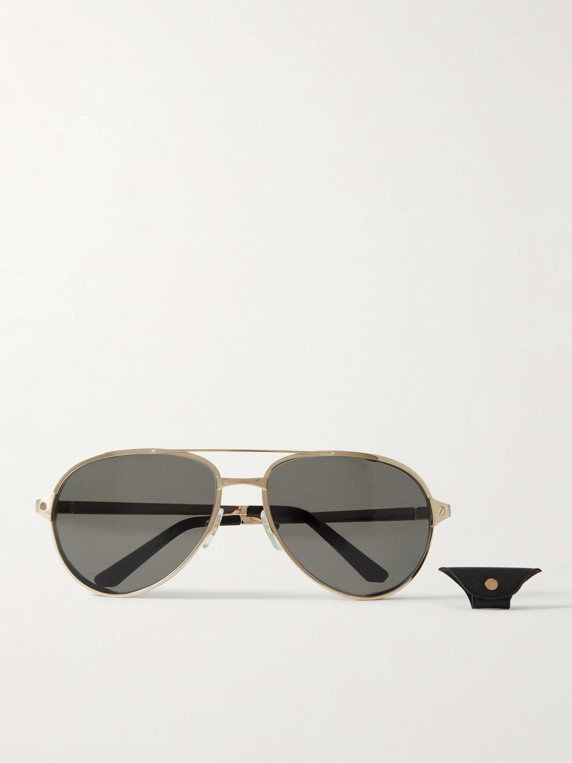 CARTIER EYEWEAR Aviator-Style Leather-Trimmed Gold-Tone Sunglasses