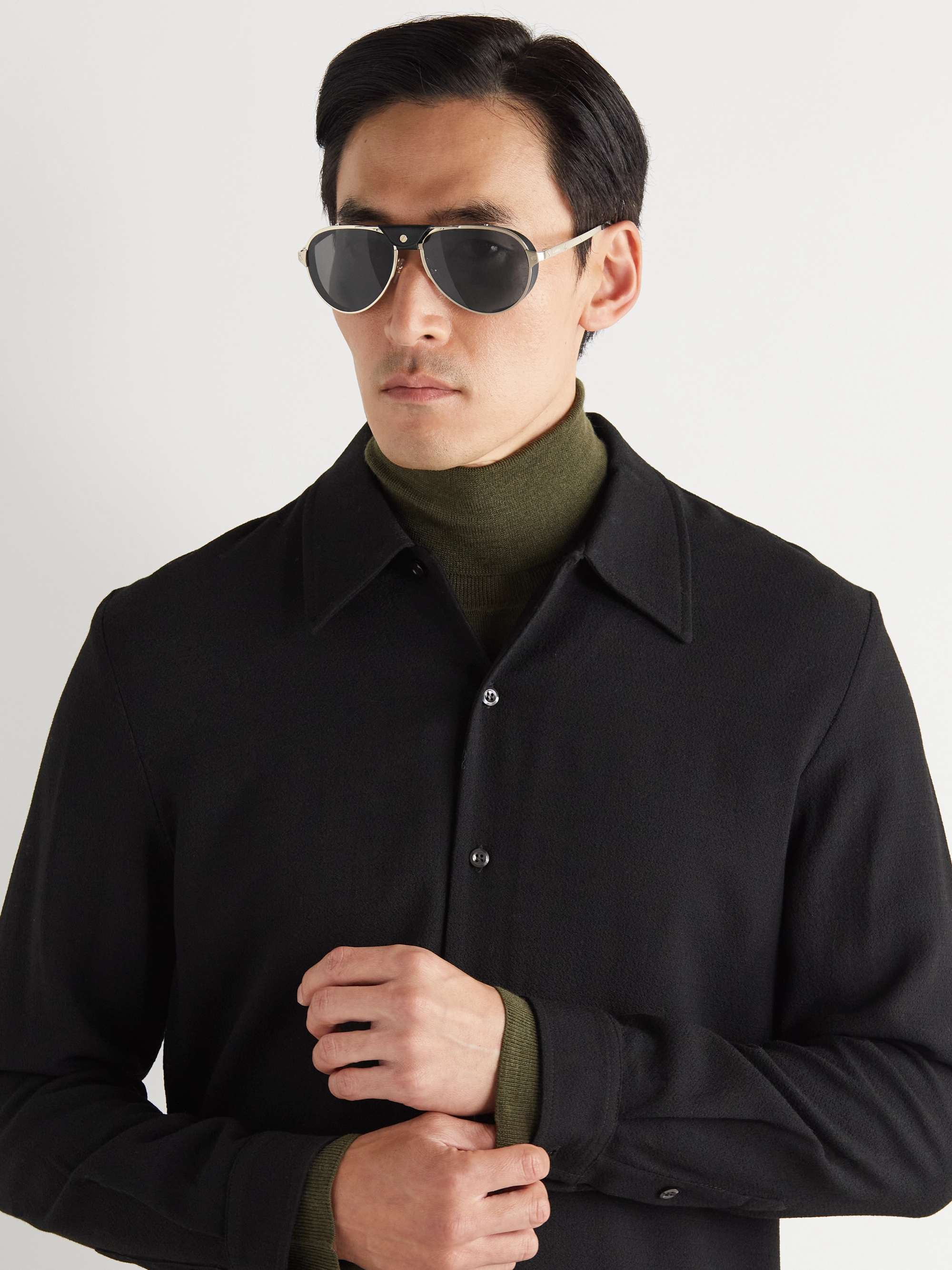 CARTIER EYEWEAR Aviator-Style Leather-Trimmed Gold-Tone Sunglasses