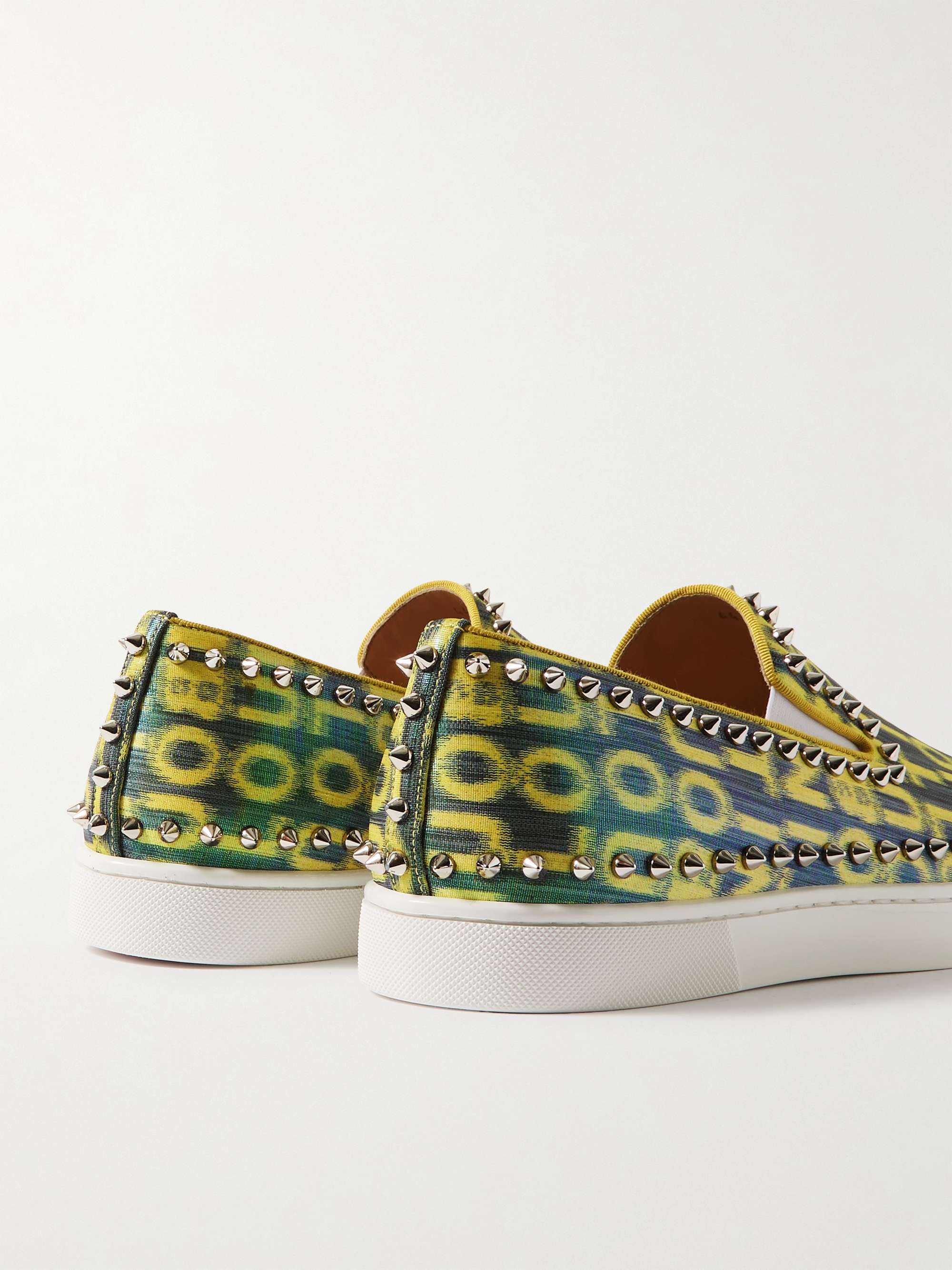 CHRISTIAN LOUBOUTIN Pik Boat Spiked Glittered Logo-Print Canvas Slip-On Sneakers