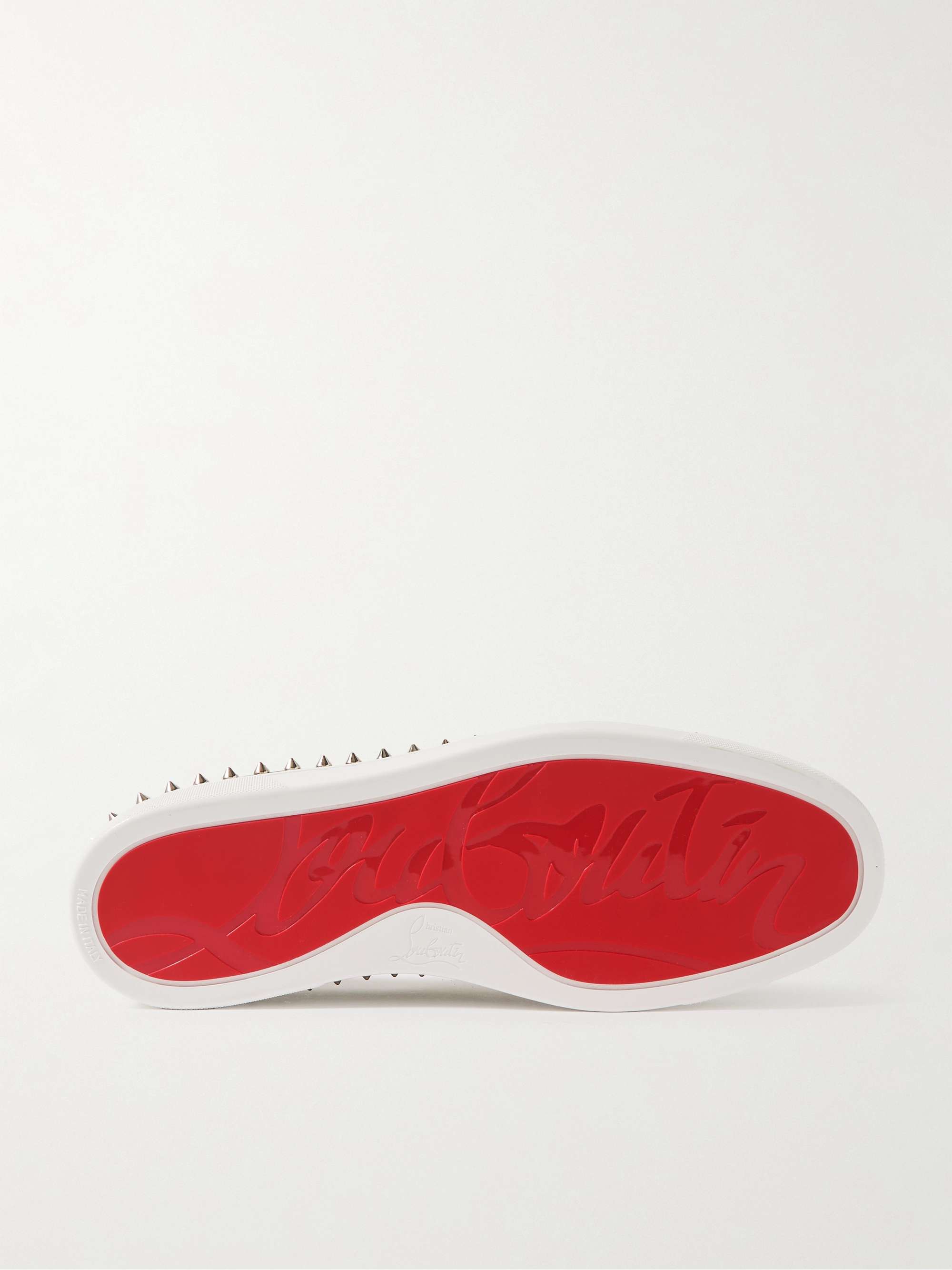 CHRISTIAN LOUBOUTIN Pik Boat Spiked Glittered Logo-Print Canvas Slip-On Sneakers