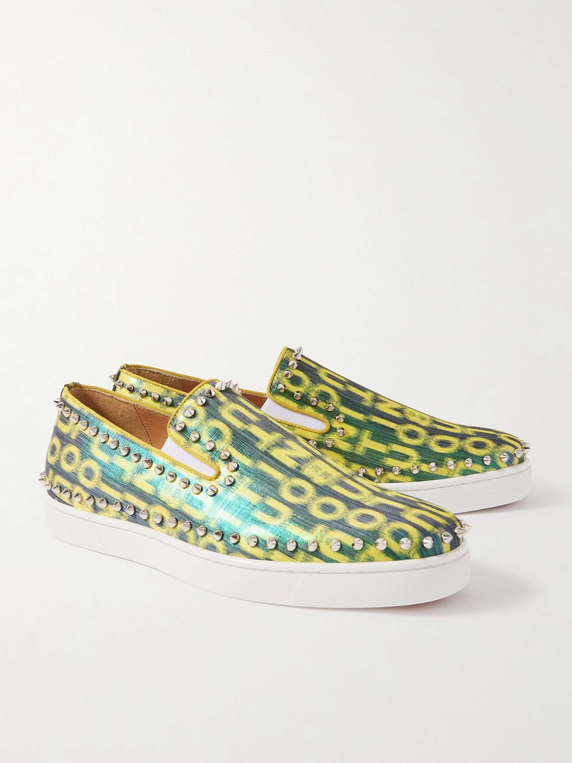 CHRISTIAN LOUBOUTIN Pik Boat Spiked Glittered Logo-Print Canvas Slip-On Sneakers