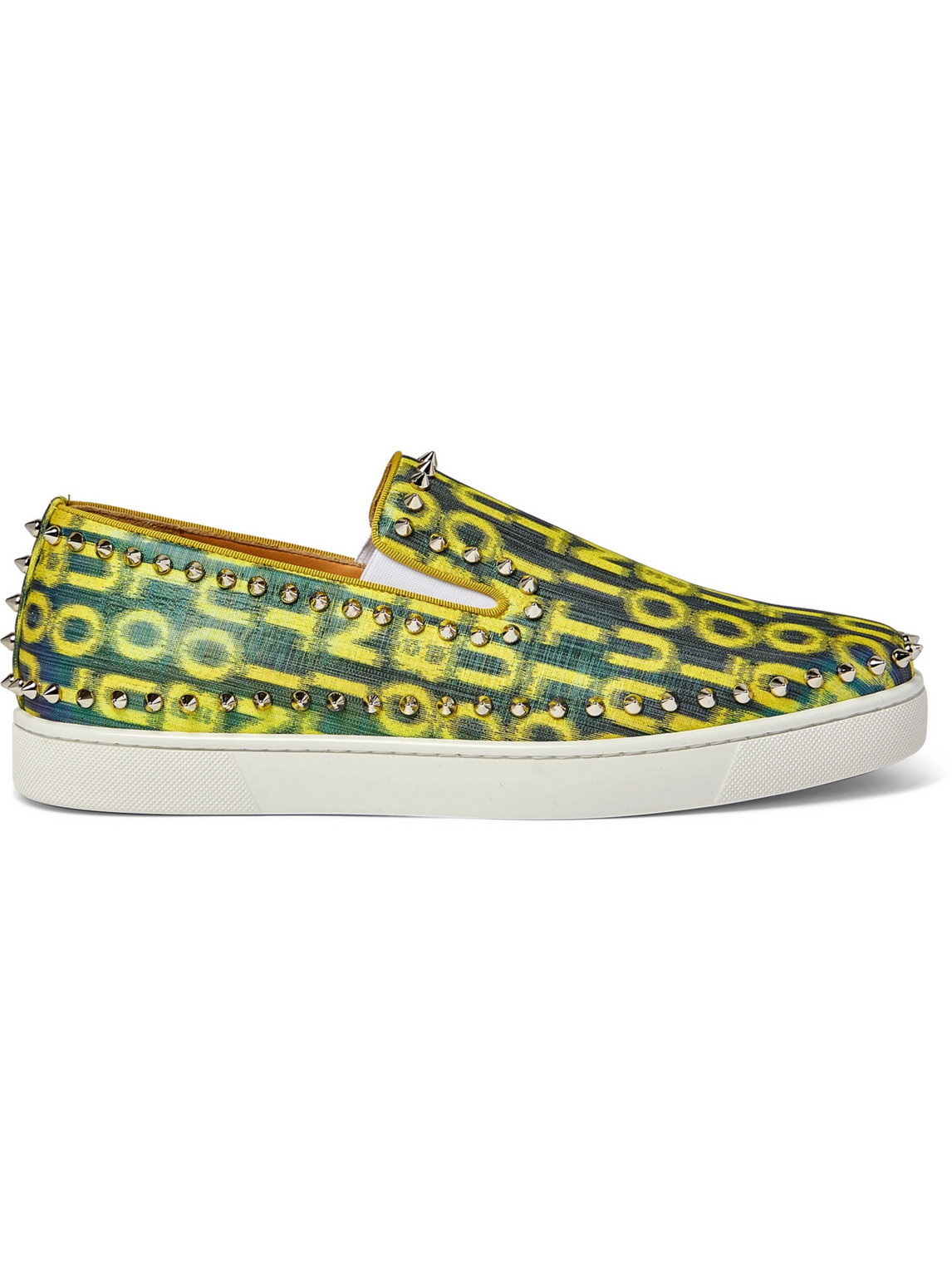 Christian Louboutin Pik Boat Spiked Glittered Logo-print Canvas Slip-on Trainers In Yellow
