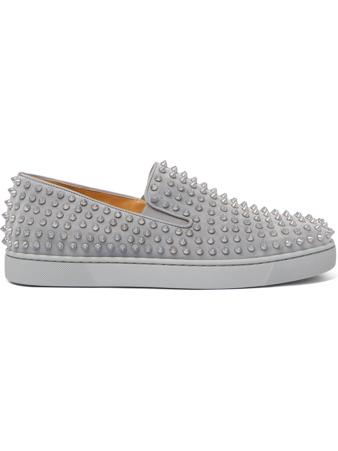 Christian Louboutin Roller-boat Spiked Suede Slip-on Sneakers In Gray