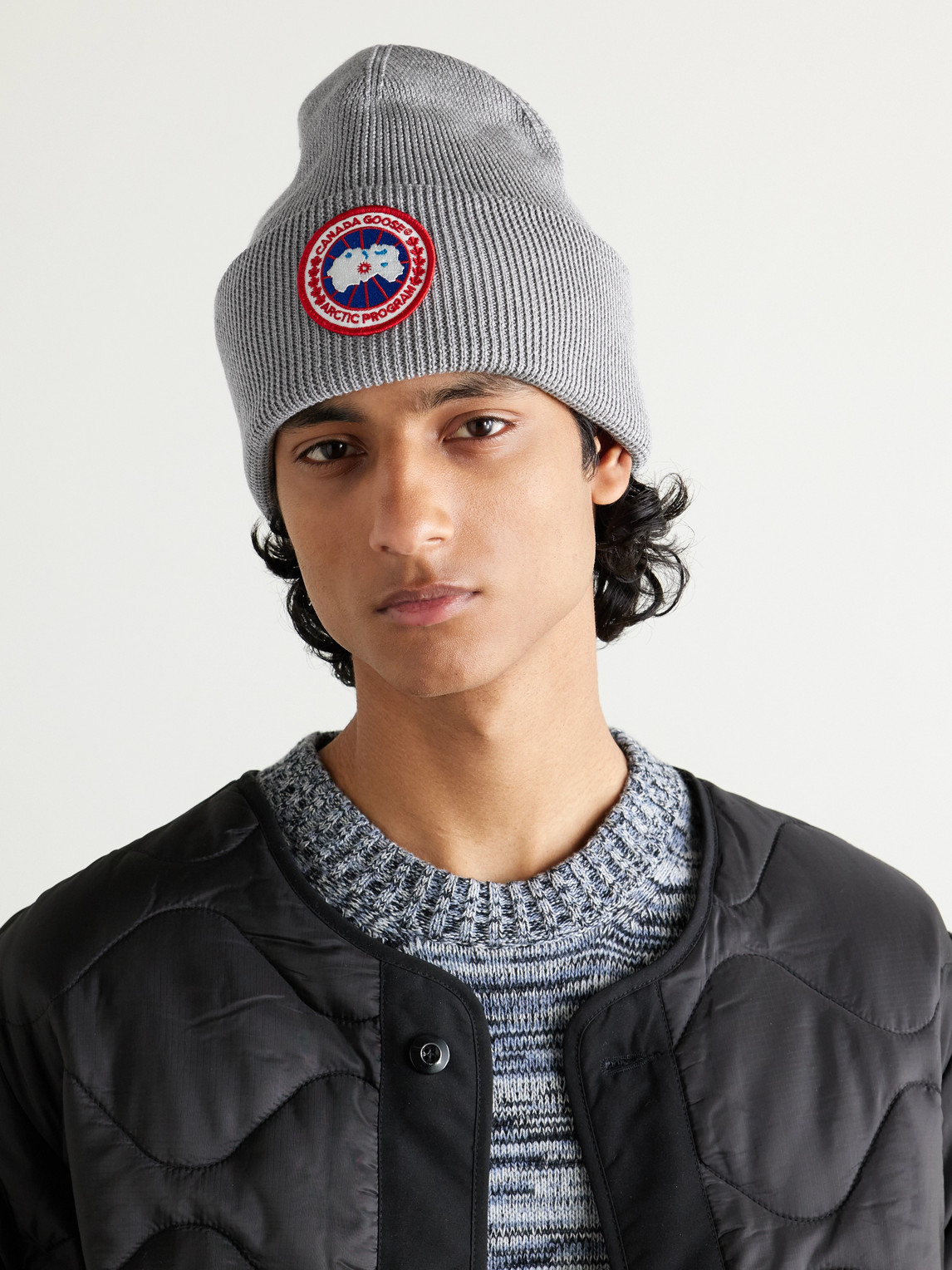 Shop Canada Goose Logo-appliquéd Merino Wool Beanie In Gray