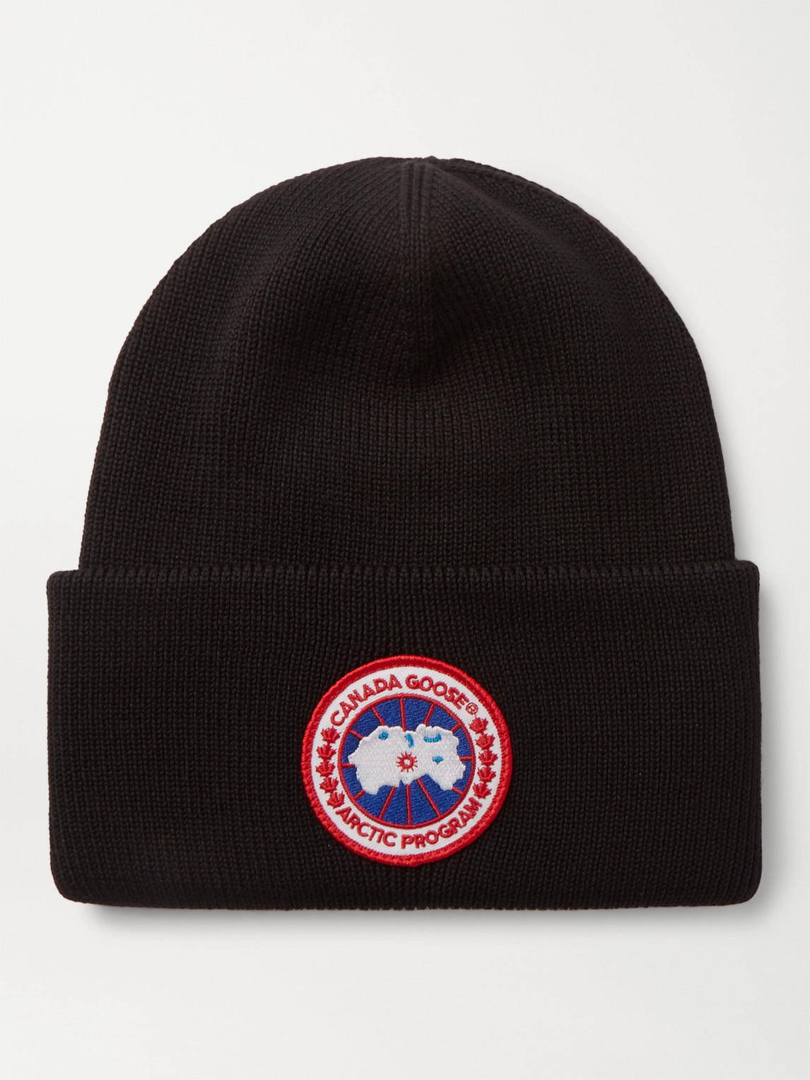 Shop Canada Goose Logo-appliquéd Merino Wool Beanie In Black
