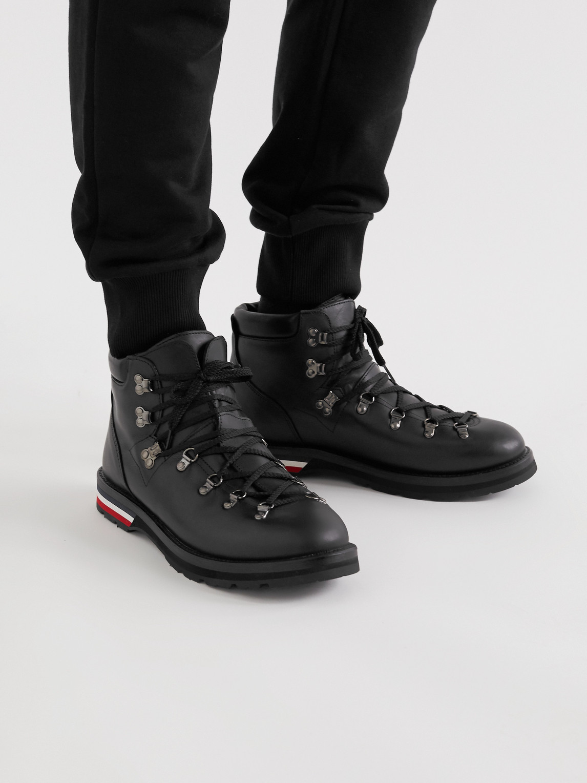 Shop Moncler Striped Full-grain Leather Boots In Black