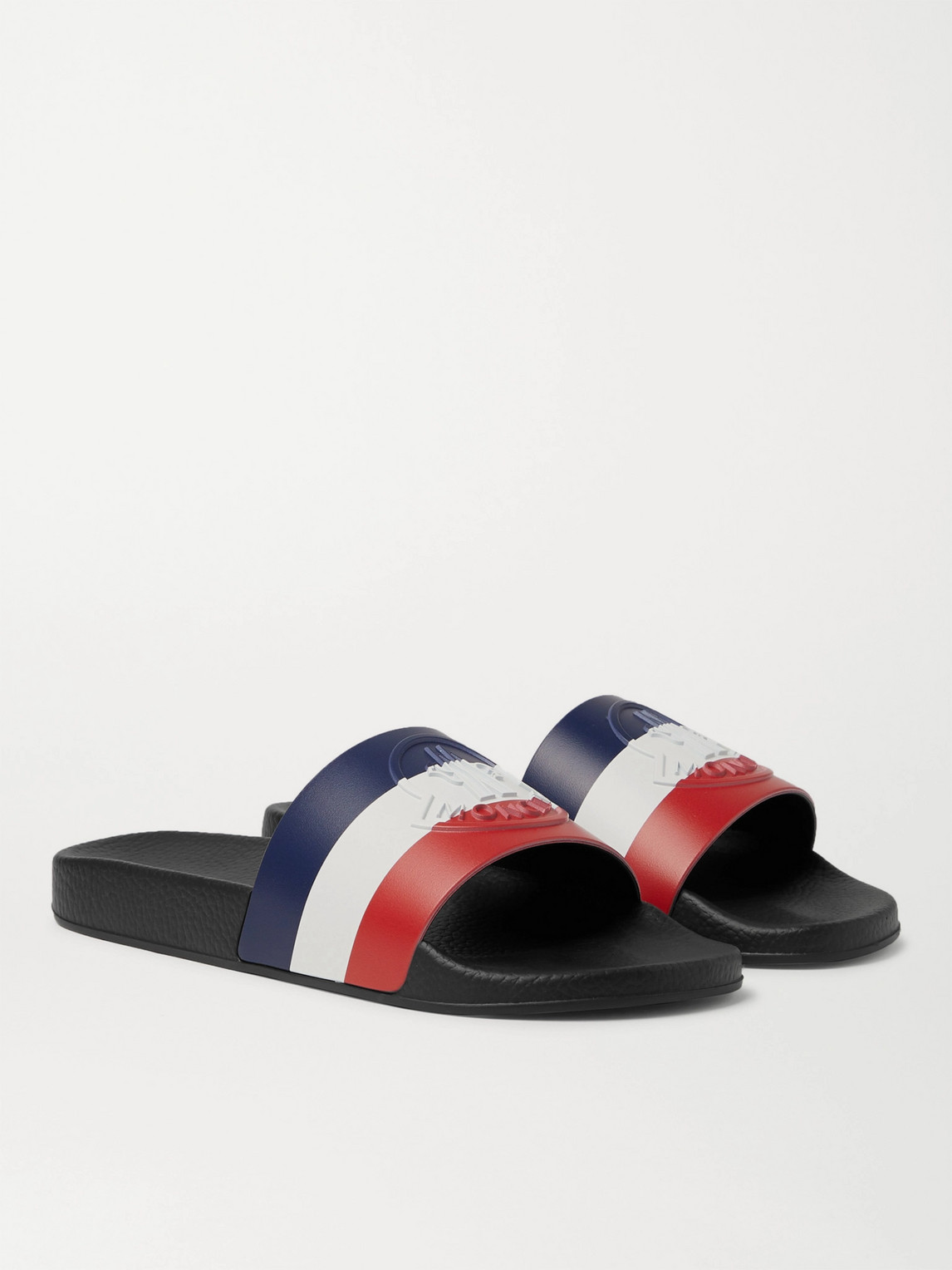 Shop Moncler Basile Logo-embossed Striped Rubber Slides In Black