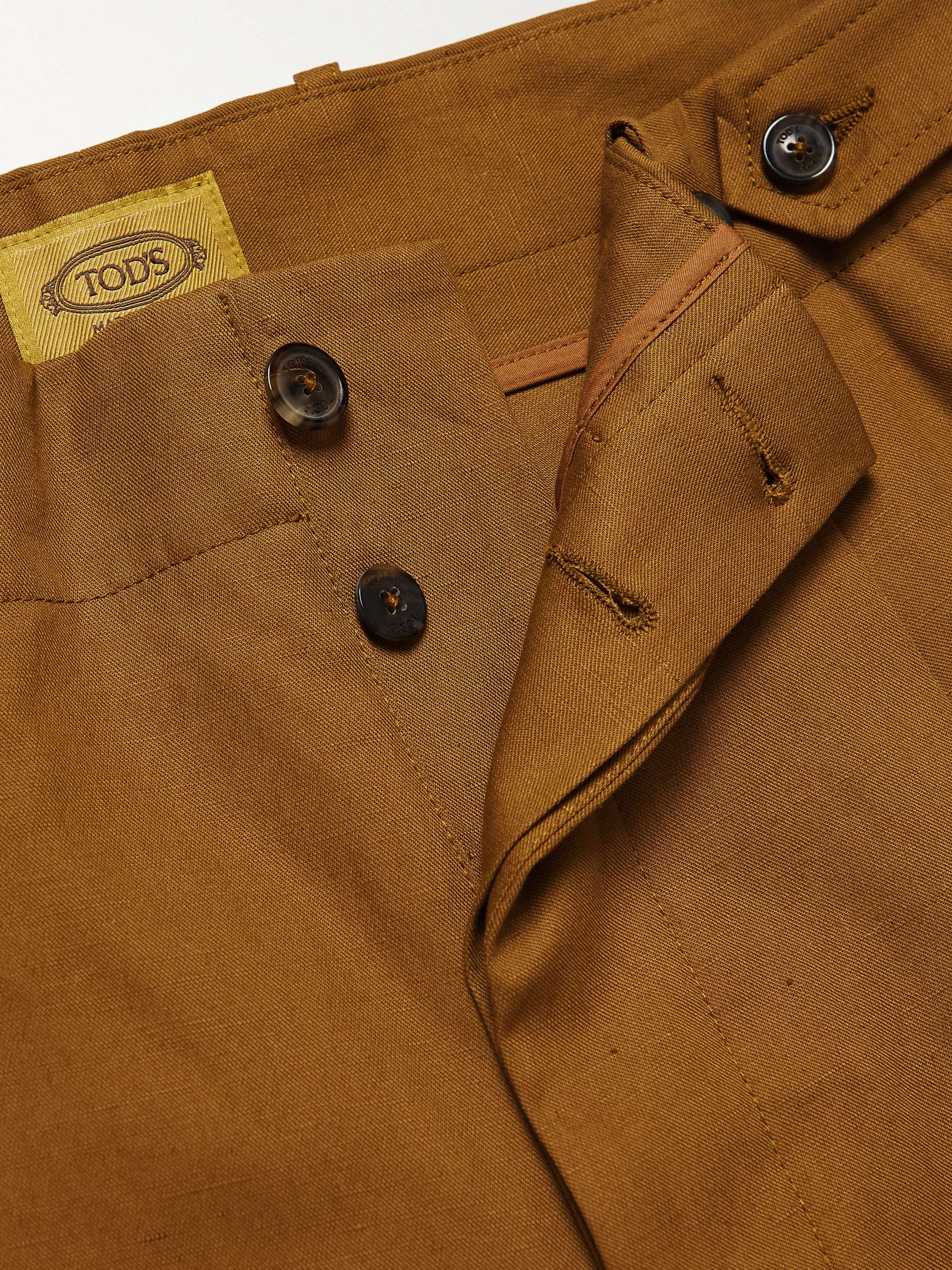 TOD'S Tapered Pleated Cotton and Linen-Blend Twill Trousers