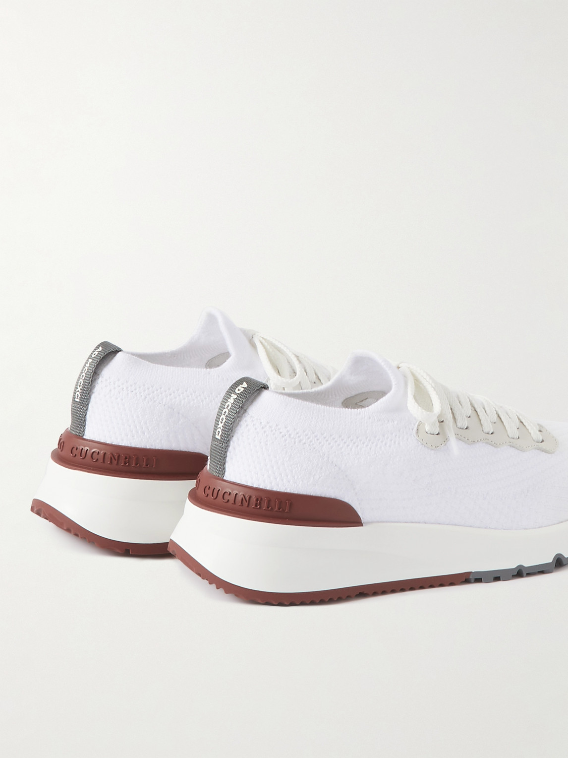 Shop Brunello Cucinelli Leather-trimmed Stretch-knit Sneakers In White