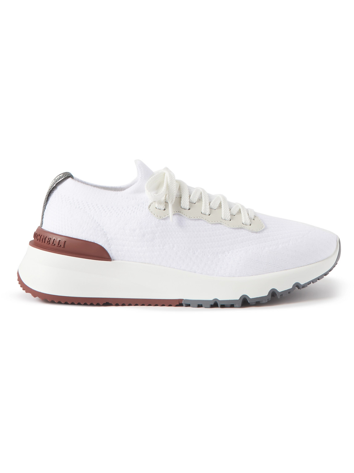 Shop Brunello Cucinelli Leather-trimmed Stretch-knit Sneakers In White