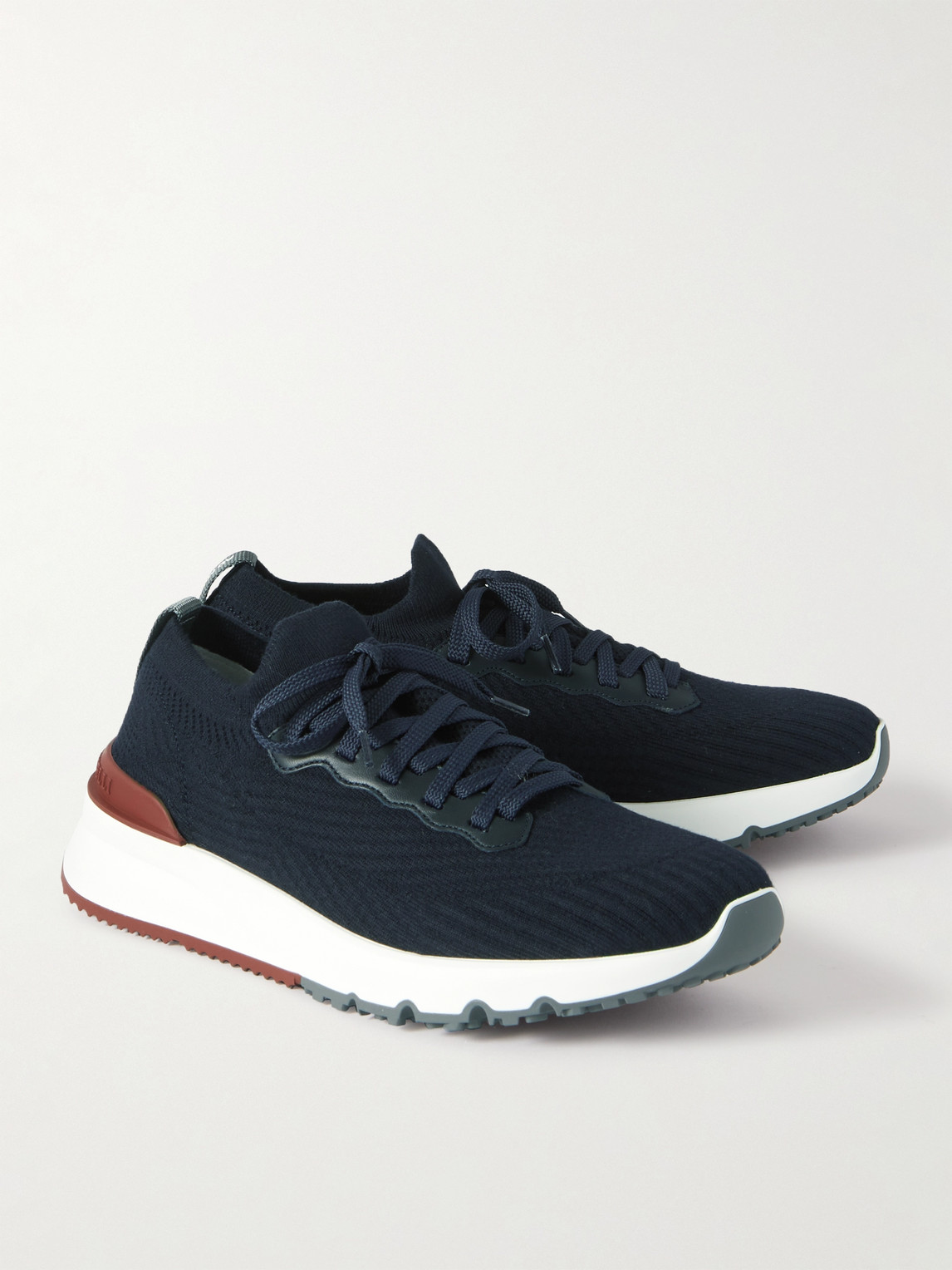 Shop Brunello Cucinelli Leather-trimmed Stretch-knit Sneakers In Blue