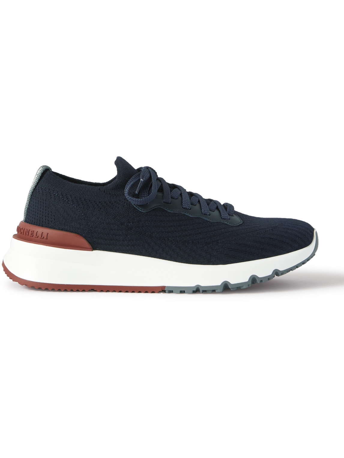 Shop Brunello Cucinelli Leather-trimmed Stretch-knit Sneakers In Blue