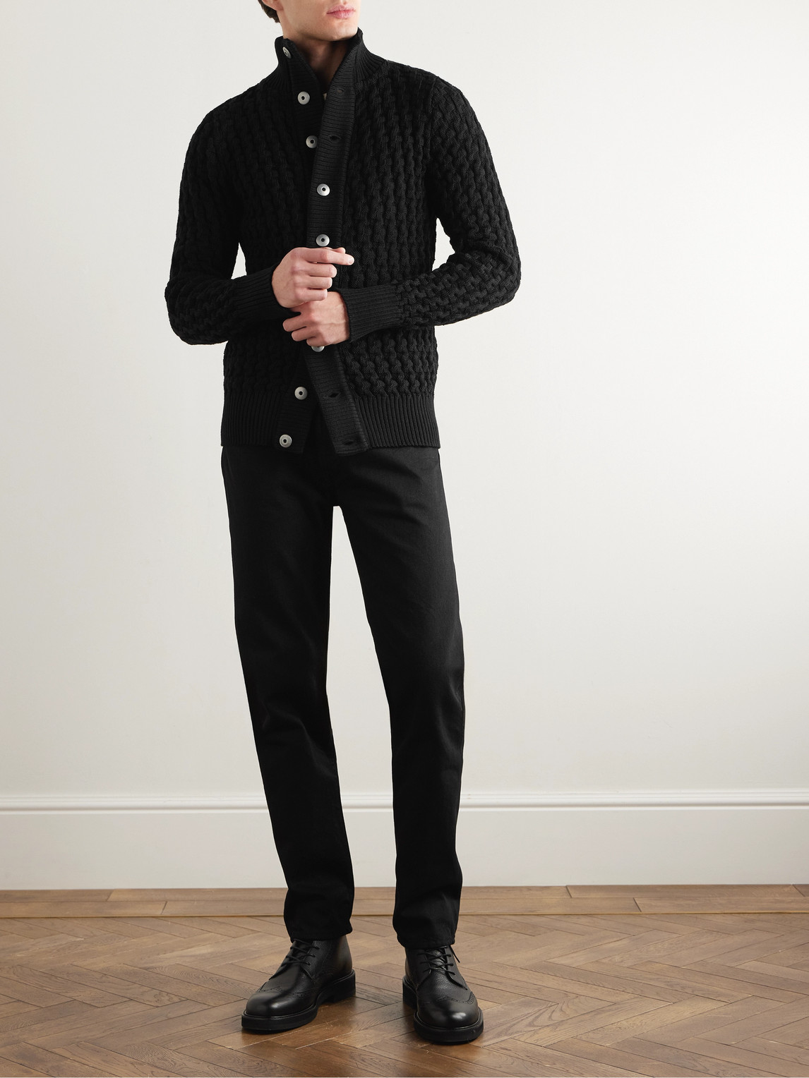 S.n.s Herning Stark Textured Virgin Wool Cardigan In Black