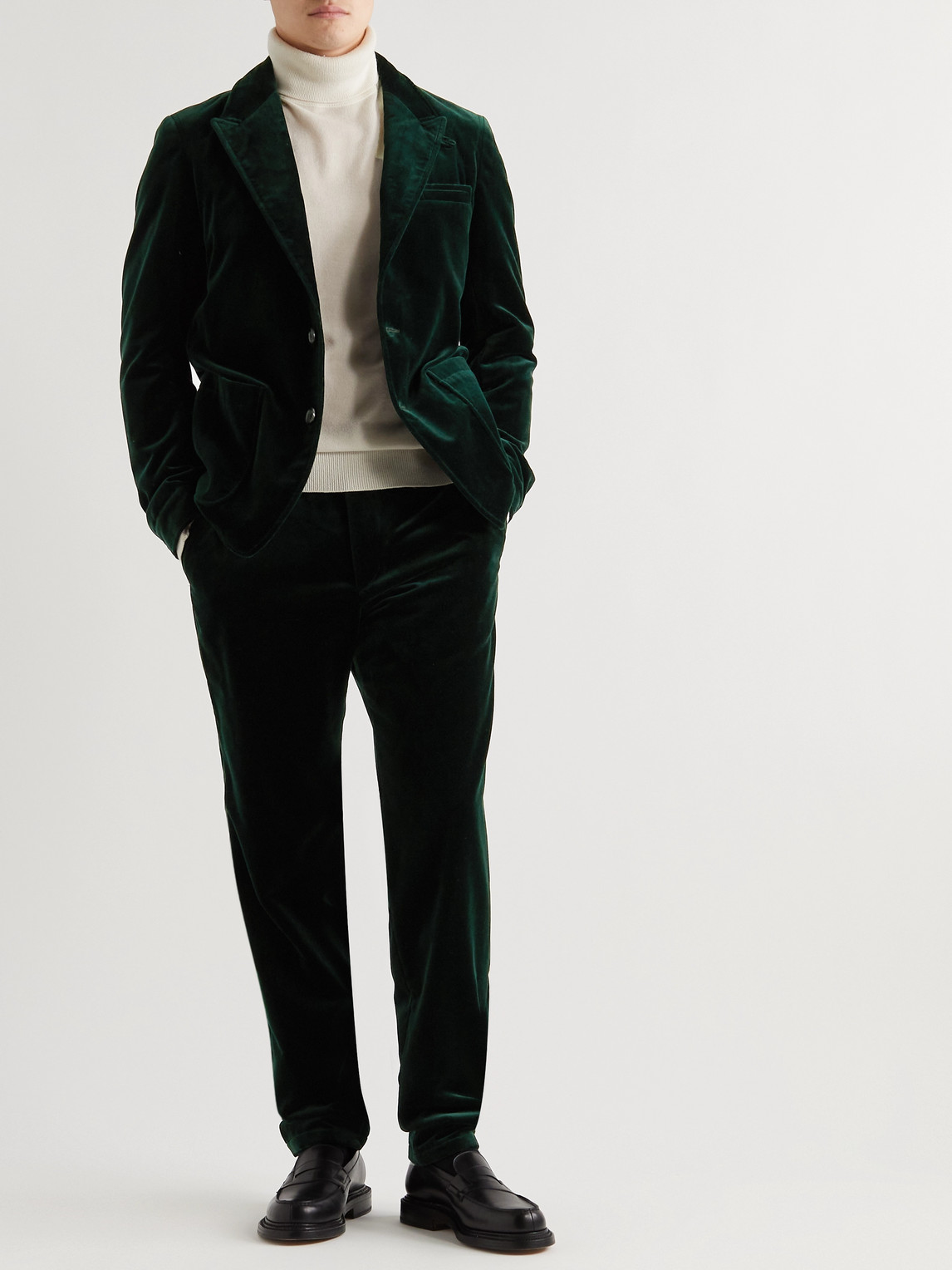 Shop Oliver Spencer Fishtail Slim-fit Cotton-velvet Suit Trousers In Green