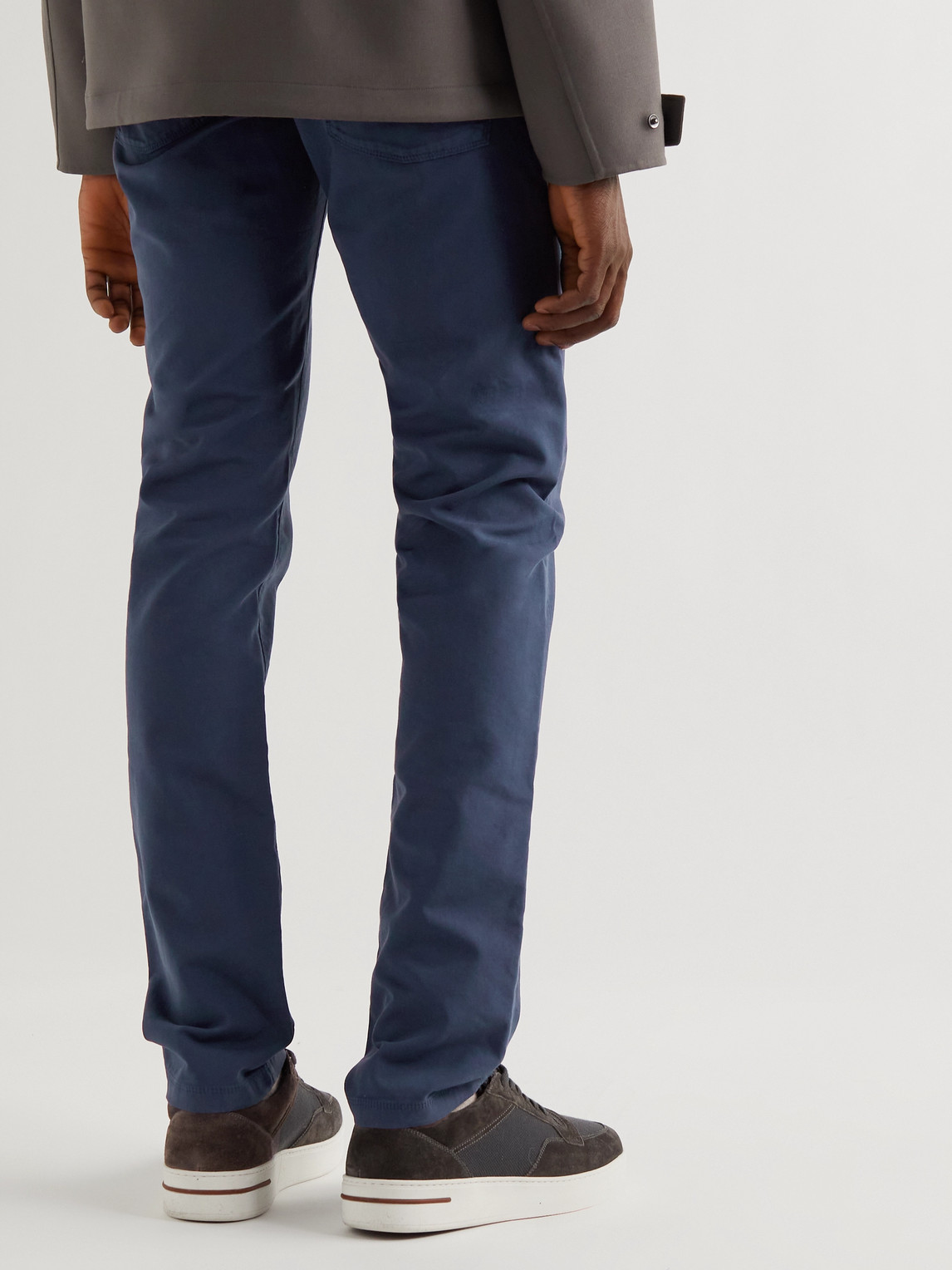 Shop Loro Piana Slim-fit Garment-dyed Cotton-blend Trousers In Blue