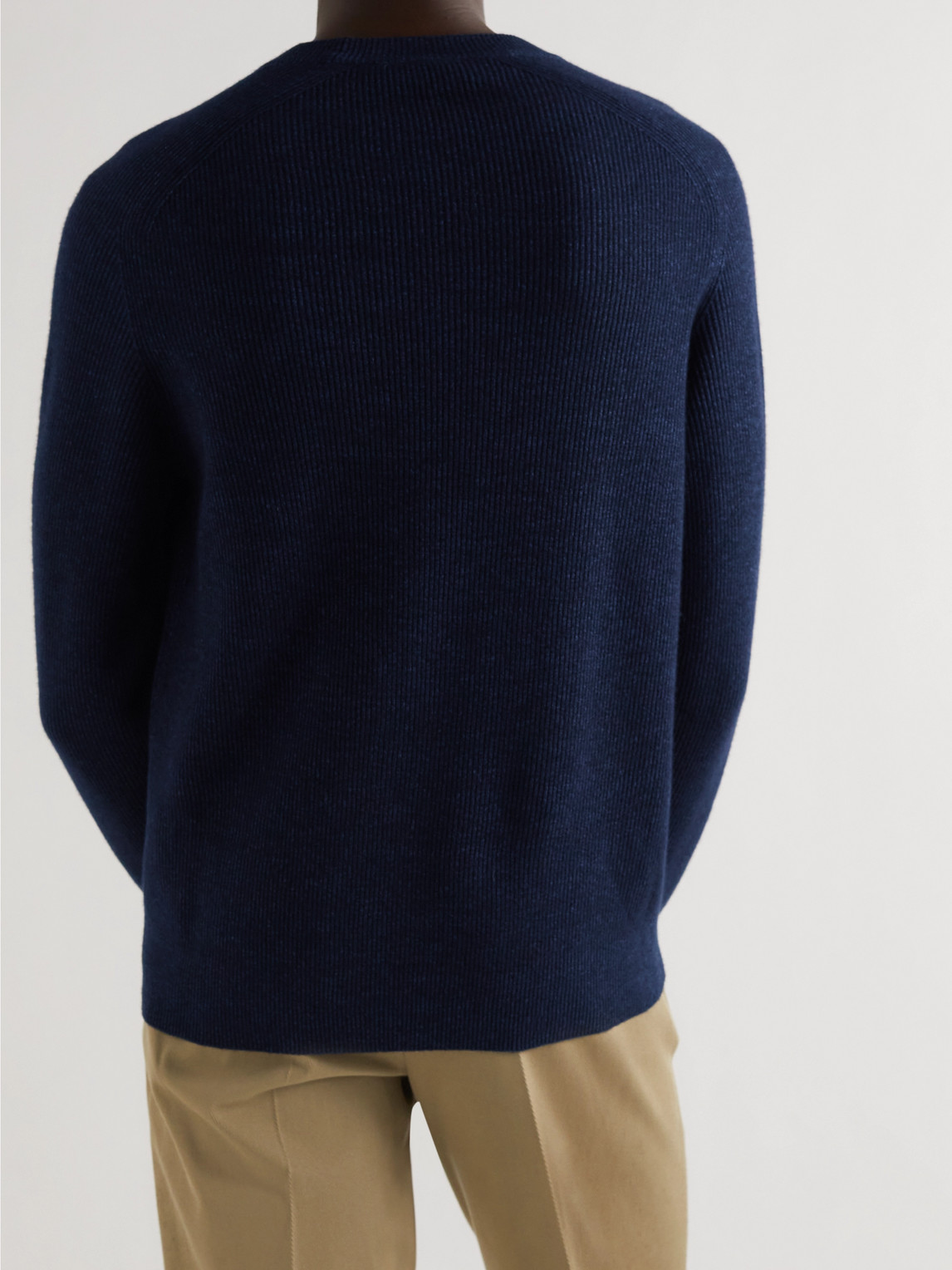 Shop Loro Piana Ribbed Cashmere, Linen And Silk-blend Sweater In Blue