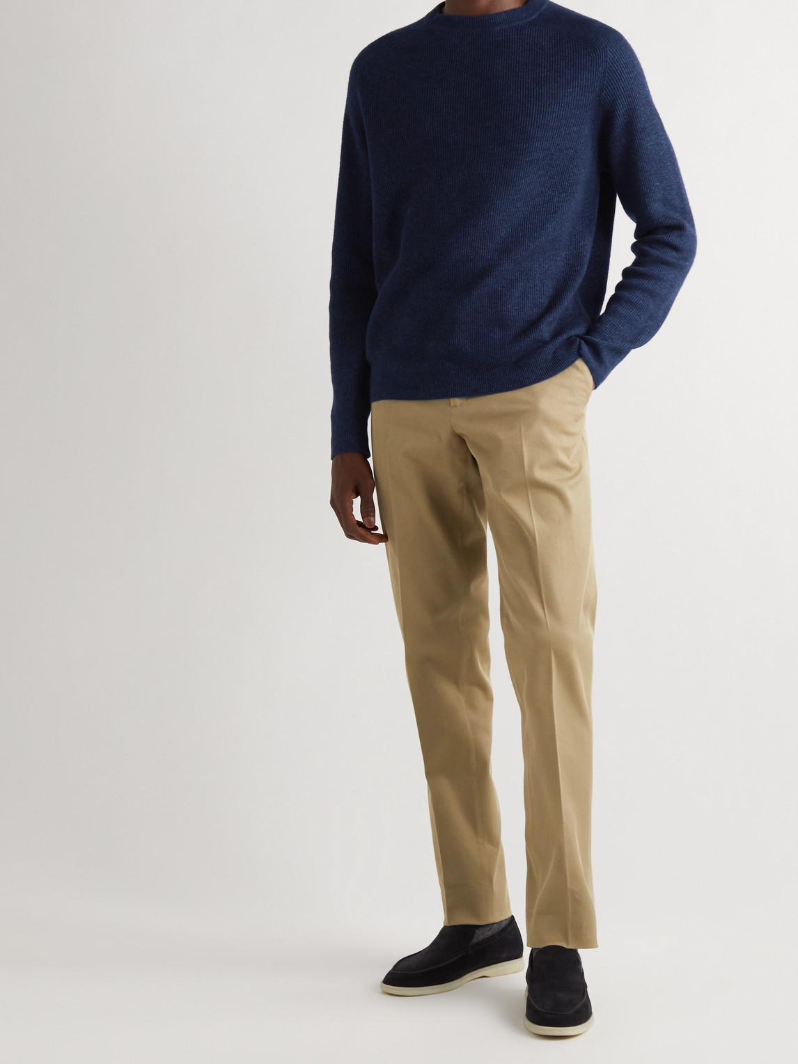 Shop Loro Piana Ribbed Cashmere, Linen And Silk-blend Sweater In Blue