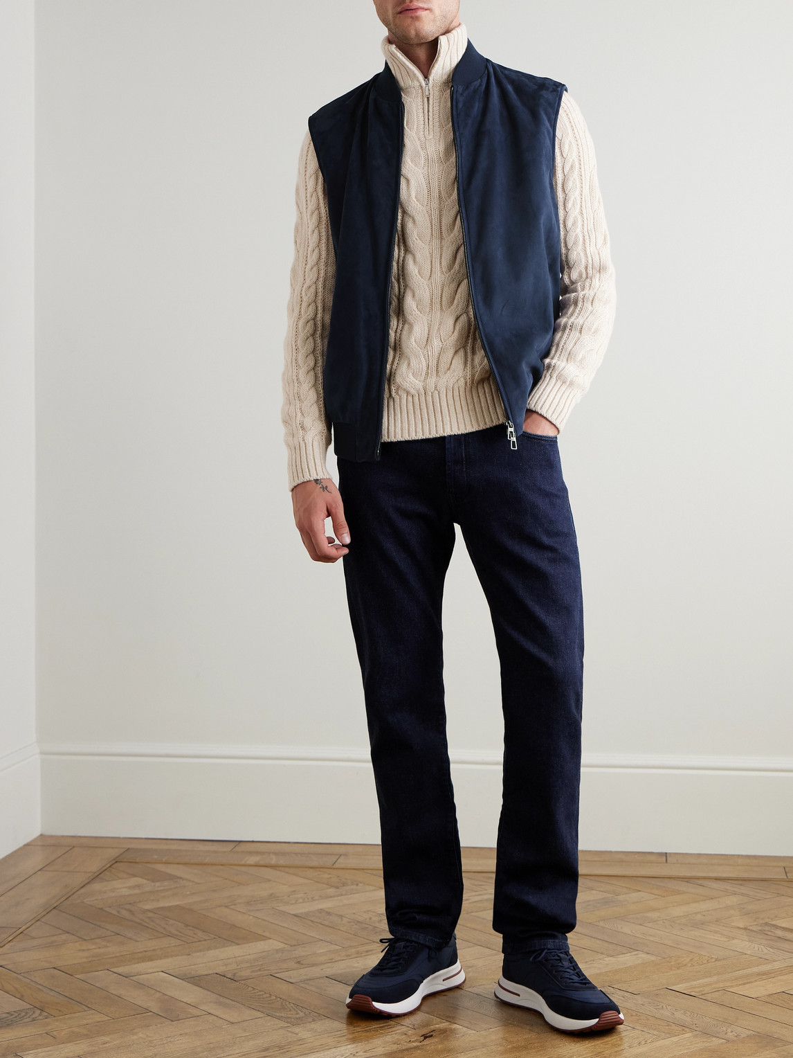 Shop Loro Piana Wool-blend Trimmed Suede Vest In Blue