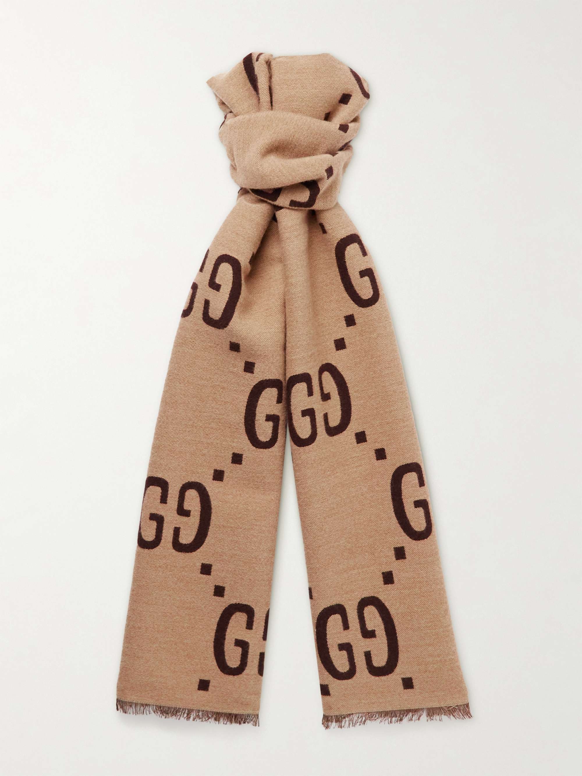 GG jacquard knit scarf with tassels in navy and brown