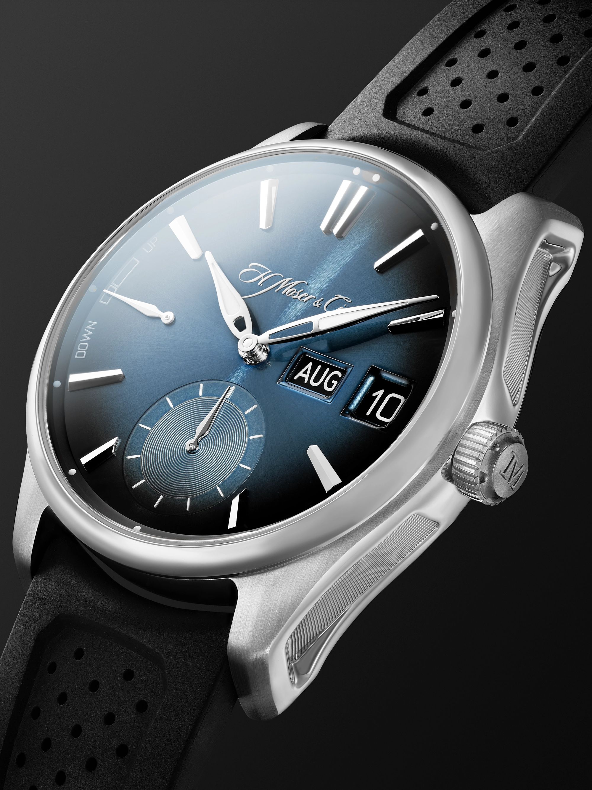 H. MOSER & CIE. Pioneer Limited Edition Hand-Wound Perpetual Calendar 42.8mm Stainless Steel and Rubber Watch, Ref. No. 3808-1201