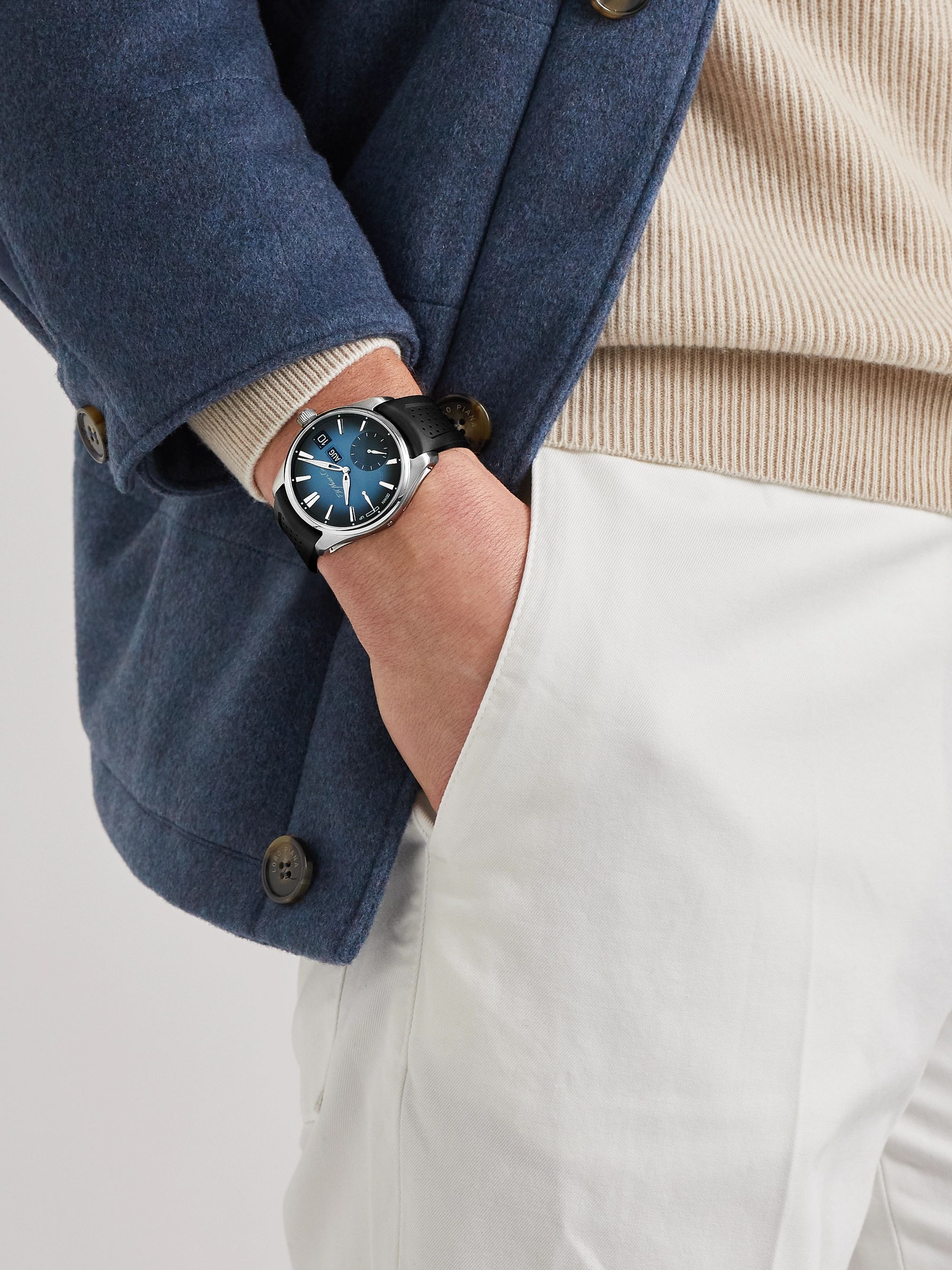 H. MOSER & CIE. Pioneer Limited Edition Hand-Wound Perpetual Calendar 42.8mm Stainless Steel and Rubber Watch, Ref. No. 3808-1201