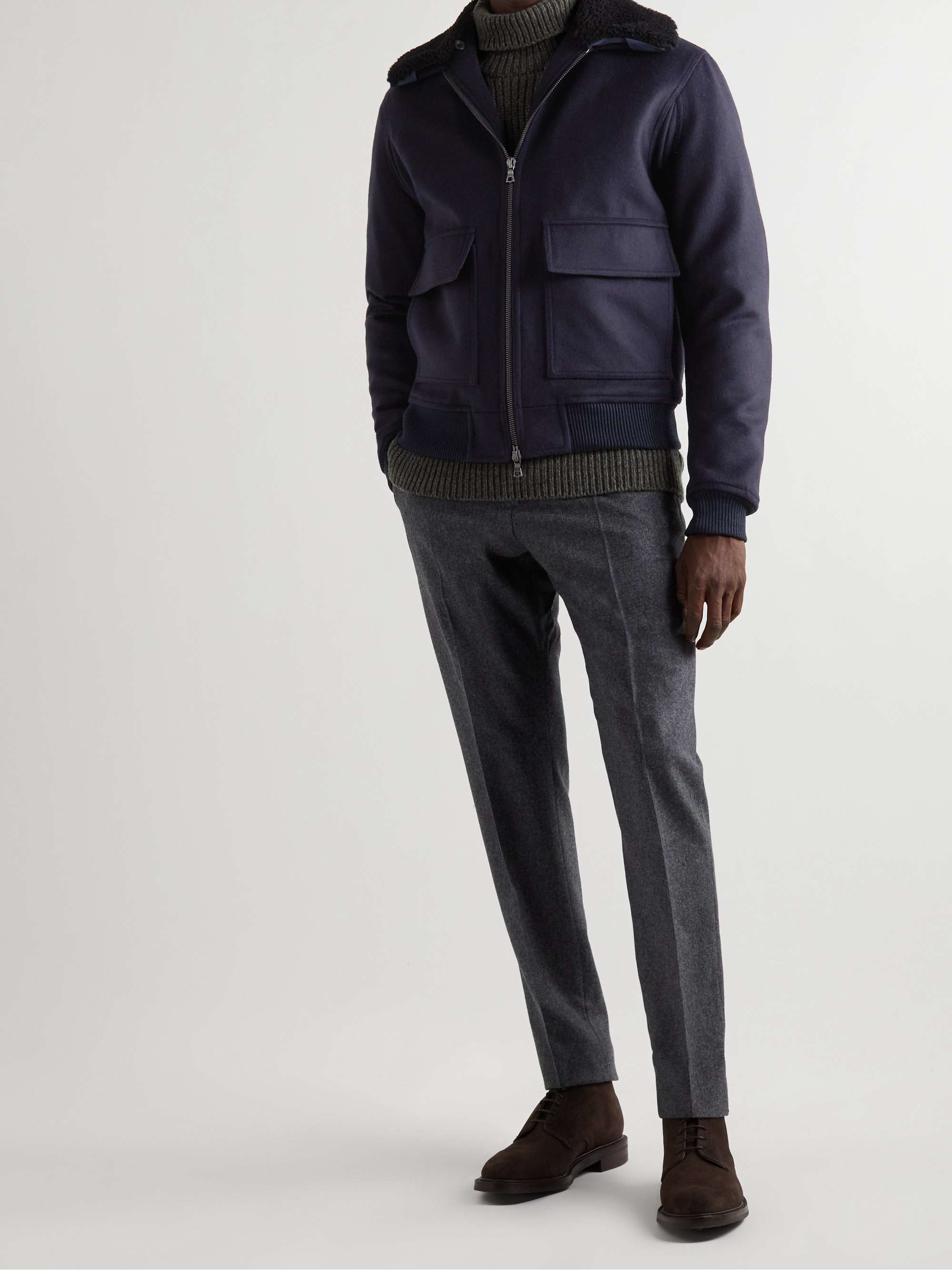 KINGSMAN Faux Shearling-Trimmed Lambswool and Cashmere-Blend Bomber ...