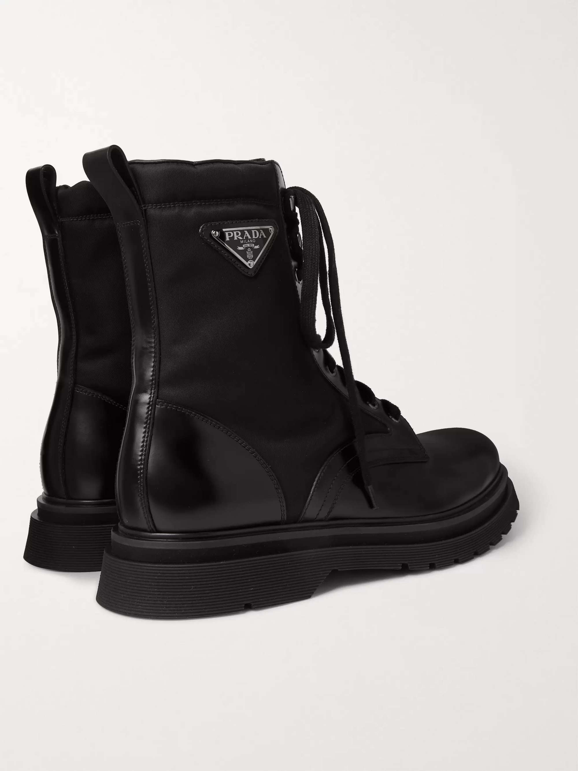 PRADA Logo-Appliquéd Nylon-Trimmed Leather Boots