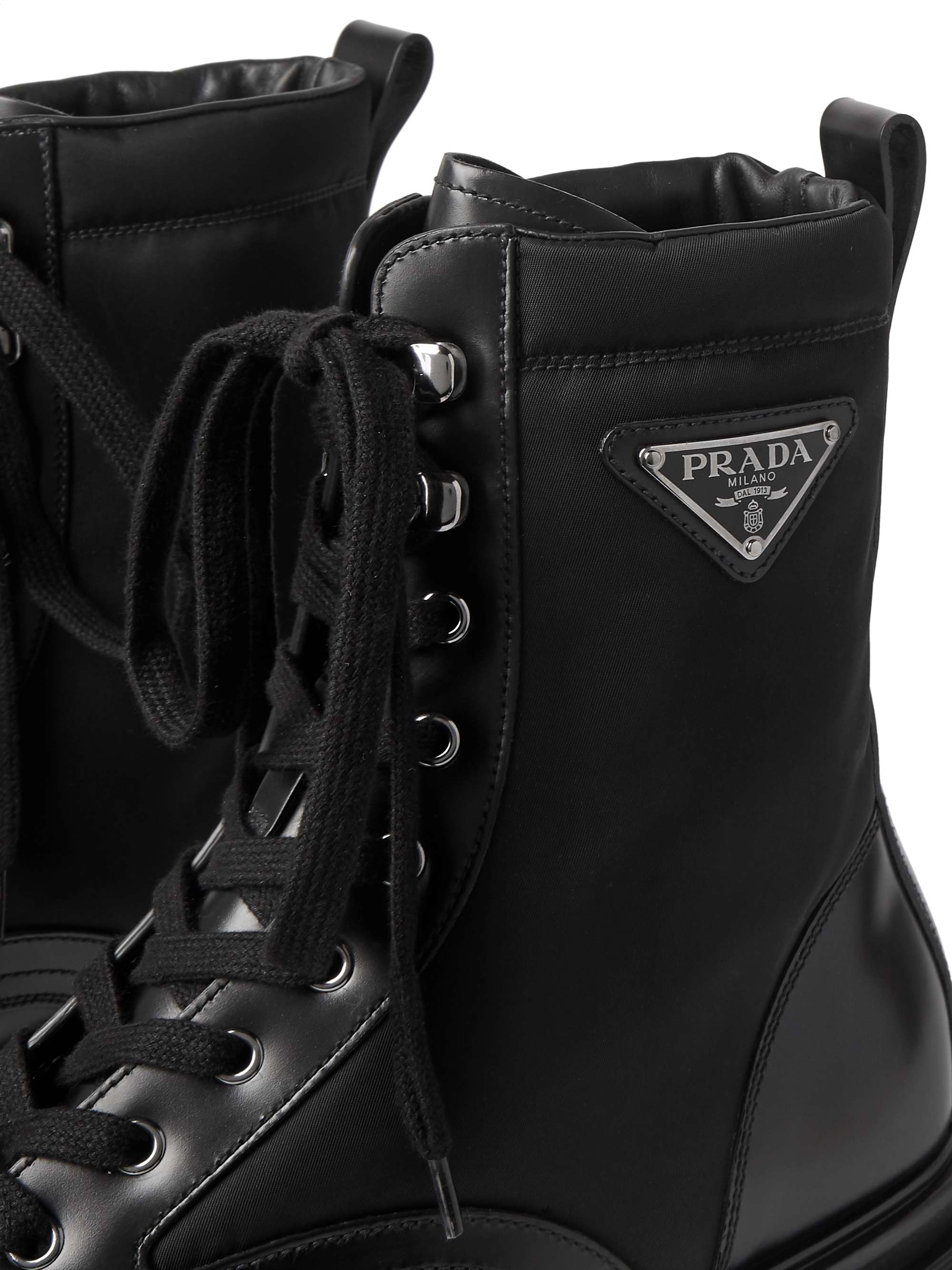 PRADA Logo-Appliquéd Nylon-Trimmed Leather Boots