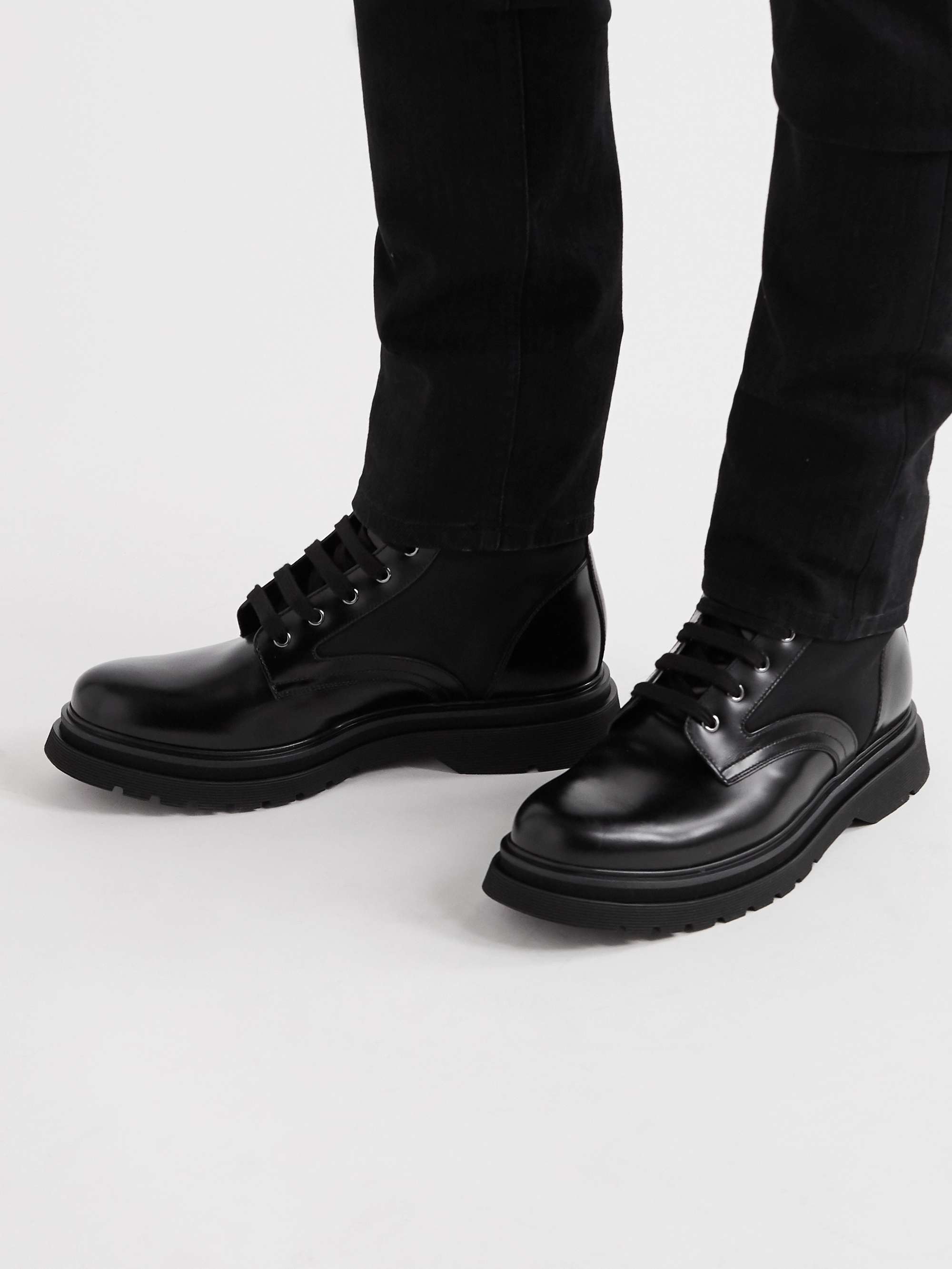PRADA Logo-Appliquéd Nylon-Trimmed Leather Boots
