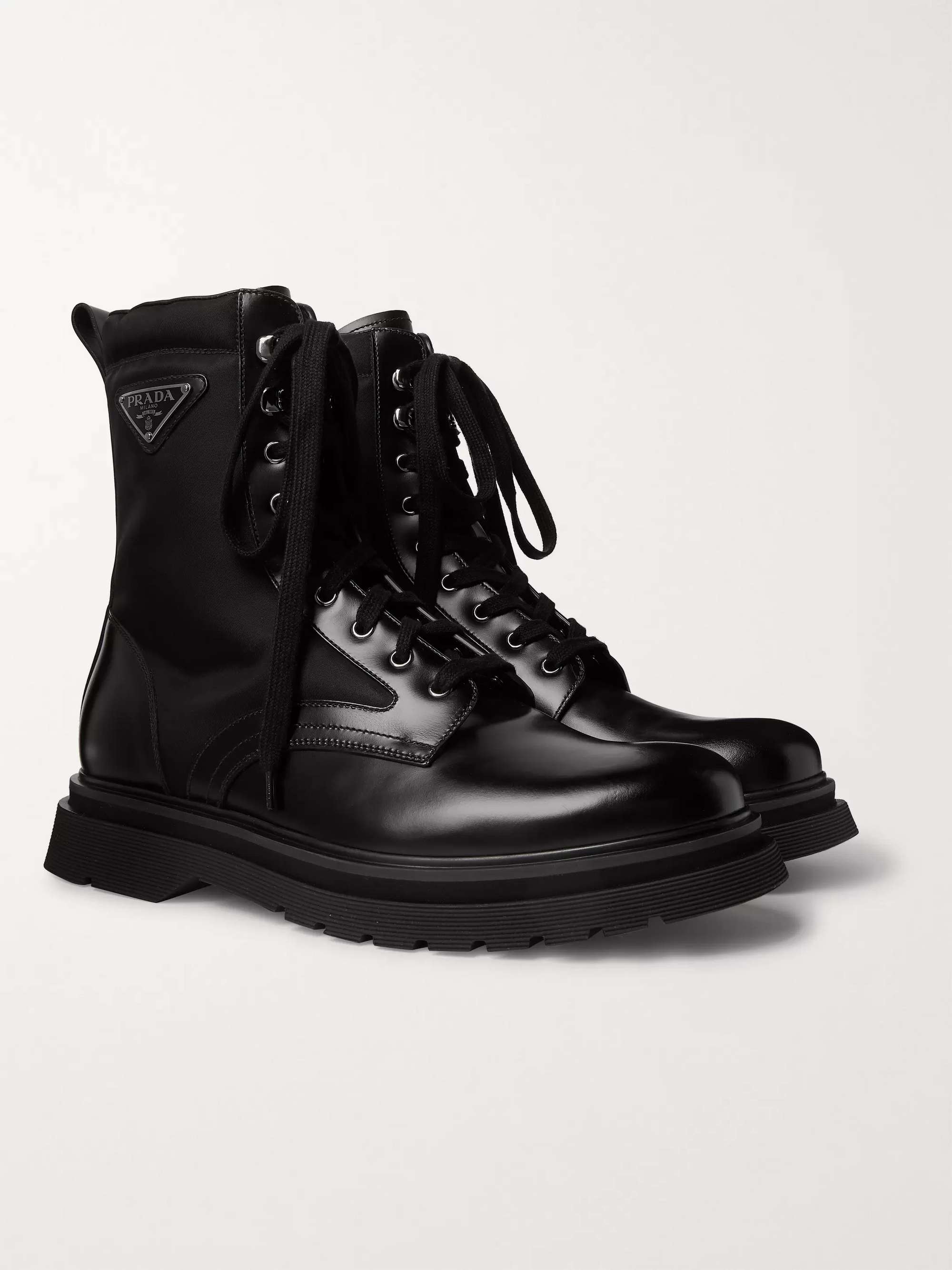 PRADA Logo-Appliquéd Nylon-Trimmed Leather Boots